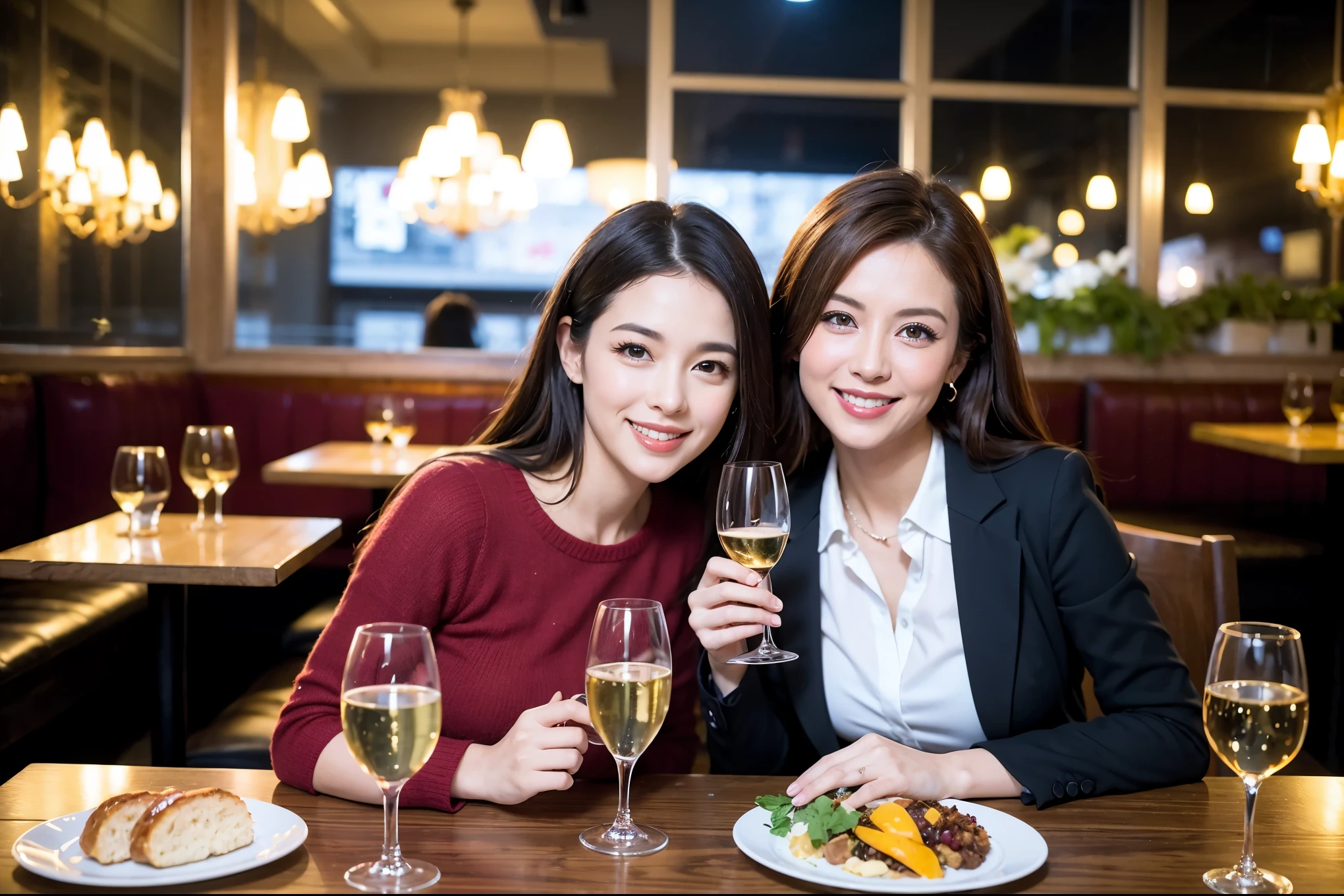 64k, UHD, highest quality, masterpiece: 1.2), (realistic, photorealistic: 1.37), Super detailed, celebration party、pretty、beauty、attractive、beautiful mature woman、3 women who love wine、three men、champagne、Sparkling wine、winter night、restaurantでワイン宴会、(slimな男女4名),(Wine party for 5 people)、(slimフェイス),Happy、 最高なsmile、Fox Face、Berry Short、(because I&#39;thin), (brown hair), (shortcut), long sleeve shirt、winter fashion、Colombia、Brazilian、Japanese、Dutch、German、Portuguese、Belgian、Italian、french, (gushing), (slimボティ), (brown hair), (shortcut), 端正なbeauty、cheeks blush a little, (41 years old), 38 years old, 35 years old、32 years old、 A beautiful and detailed night view spreads out outside the window......., restaurant, wine glassが座っている, At night, in a prominent place (from the Upper body) nova frog style, actress, model, Upper body, White wine, slim, wine glass, Very beautiful night view, wine glass Put in the Middle, Happy smile, (smile: 1.15), 