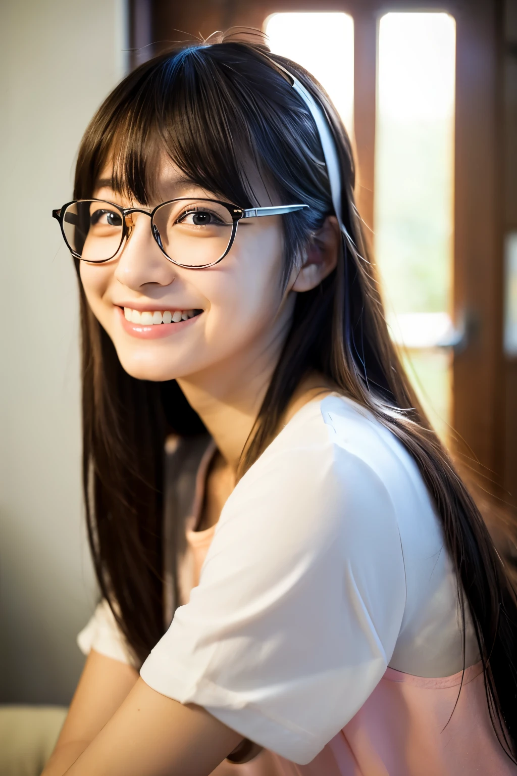watching anime、Japanese、woman、25 years old、smile、long hair、glasses、Otaku、Close-up、one's home、Her bangs are tied with a rubber band.