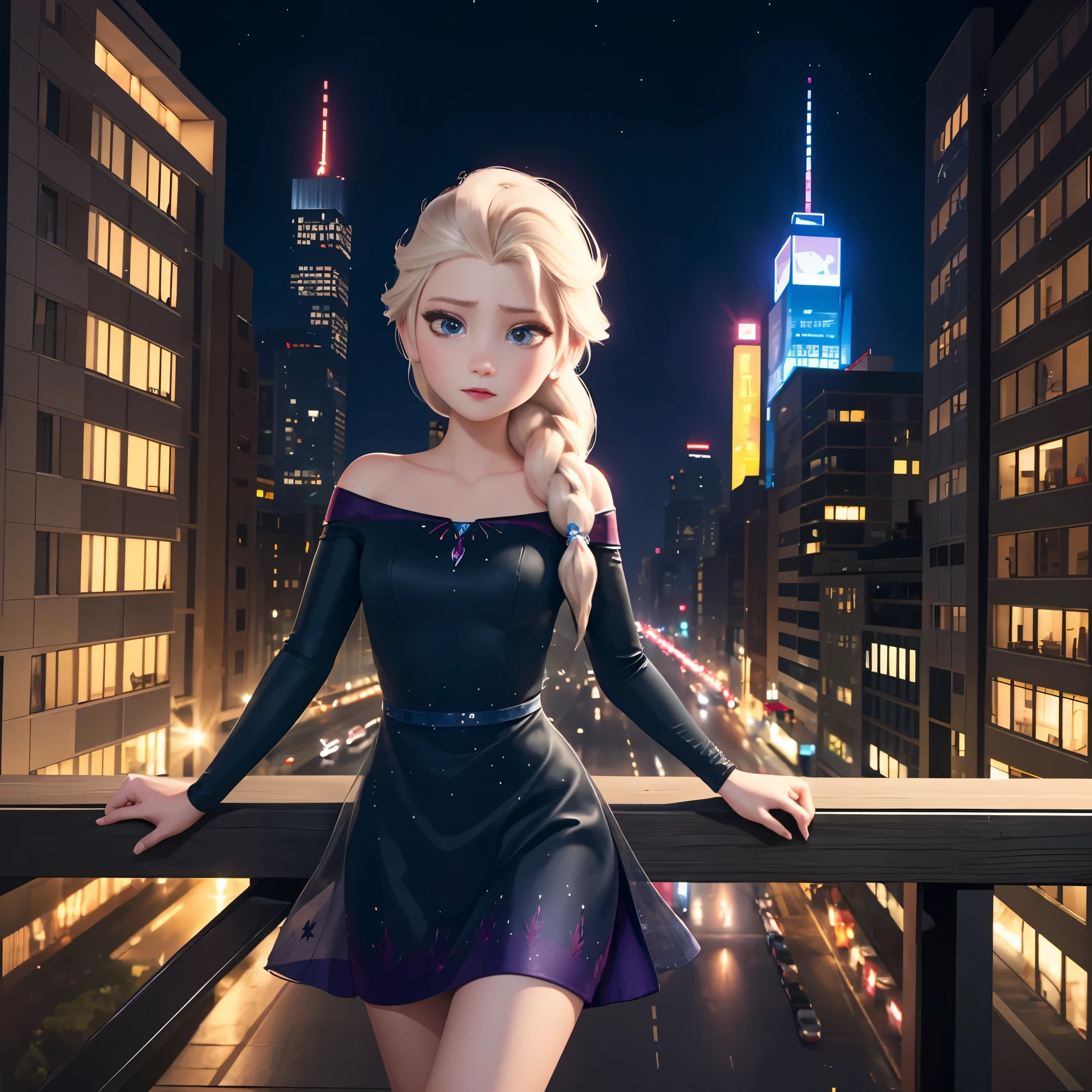Elsa、beautiful and clear expression, vネックknit dress、black mini skirt、high quality、city highway night view background、車の隣に立つElsa、(ベンツ)