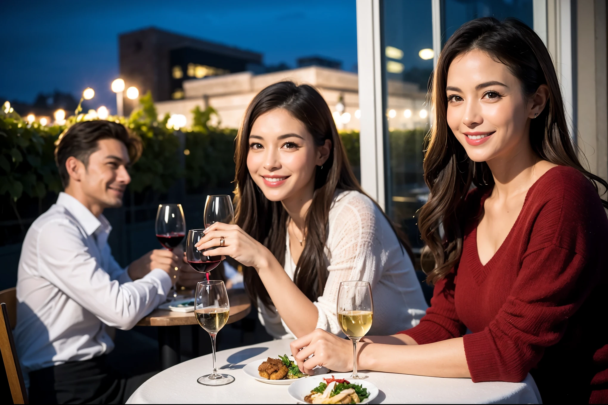 64k, UHD, highest quality, masterpiece: 1.2), (realistic, photorealistic: 1.37), Super detailed, celebration party、pretty、beauty、attractive、beautiful mature woman、3 women who love wine、three men、champagne、Sparkling wine、winter night、restaurantでワイン宴会、(slimな男女4名),(Wine party for 5 people)、(slimフェイス),Happy、 最高なsmile、Fox Face、Berry Short、(because I'thin), (brown hair), (shortcut), long sleeve shirt、winter fashion、Colombia、Brazilian、Japanese、Dutch、German、Portuguese、Belgian、Italian、french, (gushing), (slimボティ), (brown hair), (shortcut), 端正なbeauty、cheeks blush a little, (41 years old), 38 years old, 35 years old、32 years old、 A beautiful and detailed night view spreads out outside the window......., restaurant, wine glassが座っている, At night, in a prominent place (from the Upper body) nova frog style, actress, model, Upper body, White wine, slim, wine glass, Very beautiful night view, wine glass Put in the Middle, Happy smile, (smile: 1.15),