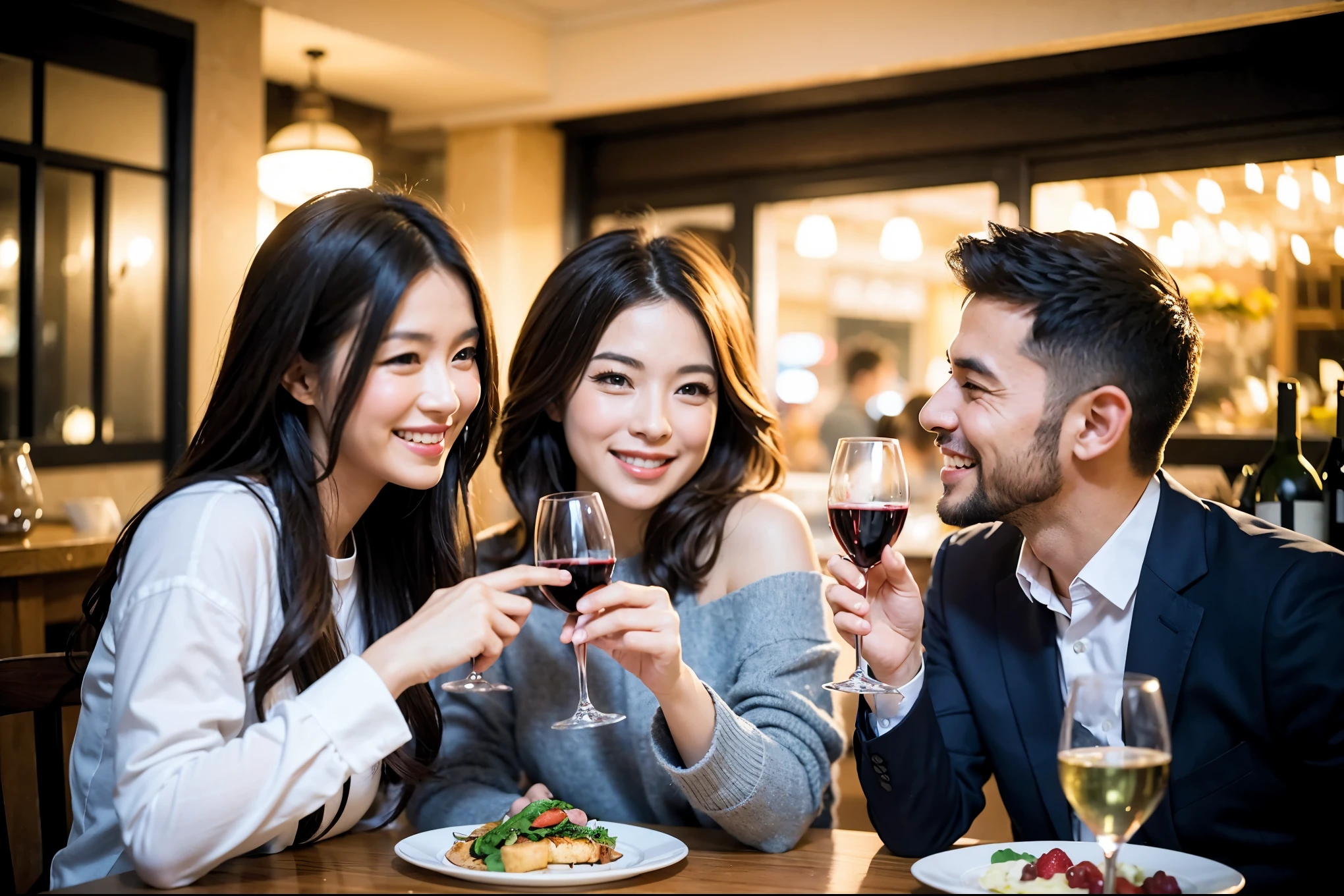 k, UHD, highest quality, masterpiece: 1.2), (realistic, photorealistic: 1.37), Super detailed, celebration paretty、beauty、attractive、beautiful mature 3 women who love wine、three men、champagne、Sparkling wine、winter night、restaurantでワイン宴会、(slimな男女4名),(Wine party for 5 p)、(slimフェイス),Happy、 最高なsmile、Fox Face、Berry Short、(because I&#39;thin), (brown hair), (shortcut), long sleeve shirt、winter fashion、Colombia、Brazilian、Japanese、Dutch、German、Portuguese、Belgian、Italian、french, (gushing), (slimボティ), (brown hair), (shortcut), 端正なbeauty、cheeks blush a little, (41 years old), 38 years old, 35 years old、32 years old、29yo、 A beautiful and detailed night view spreads out outside the window......., restaurant, wine glassが座っている, At night, in a prominent place (from the Upper body) nova frog style, actress, model, Upper body, White wine, slim, wine glass, Very beautiful night view, wine glass Put in the Middle, Happy smile, (smile: 1.15), 
