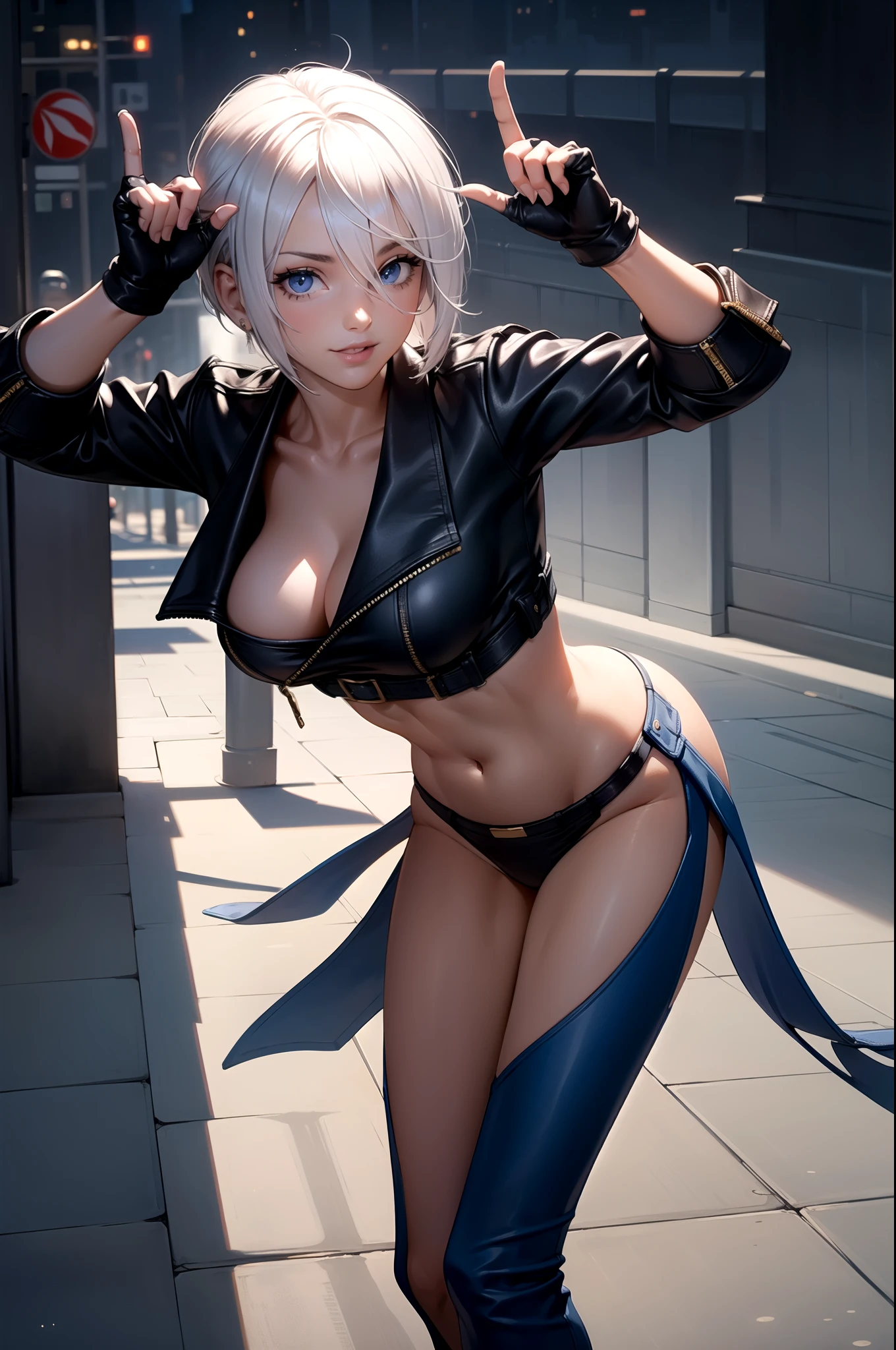 (masterpiece), best quality, expressive eyes, perfect face, highres, 1girl, solo, angelms, white hair, jacket, ahoge, fingerless gloves, midriff, panties, cleaveage, hands to hips, leaning forward, smiling, fanstasy background, particles, magic, standing,cowboy shot, looking at the viewer, from front