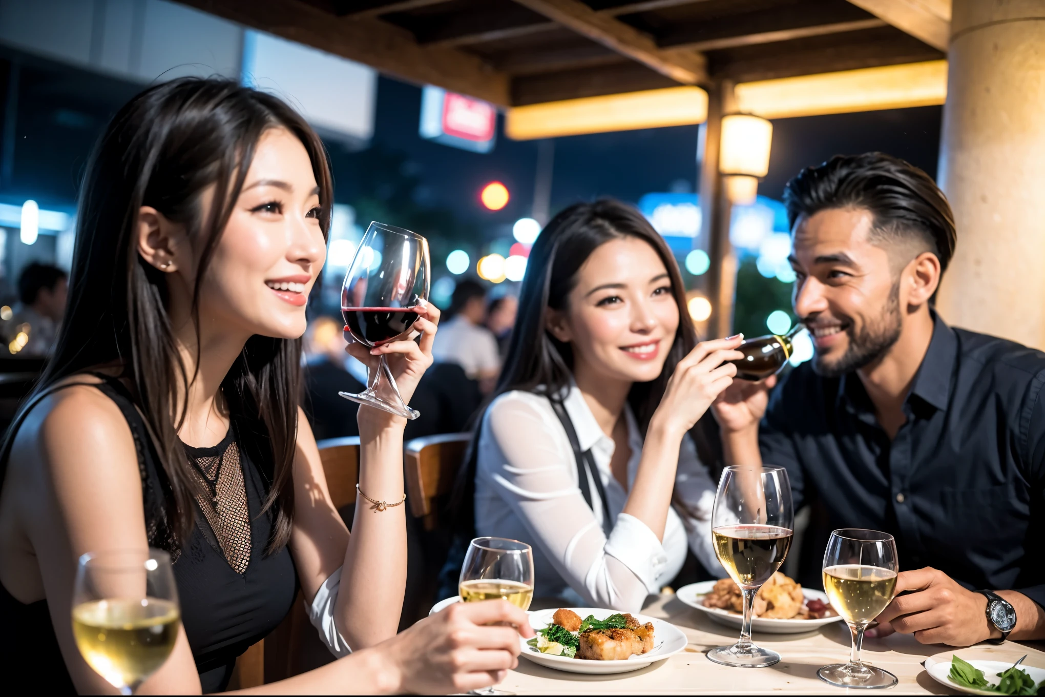64k, UHD, highest quality, masterpiece: 1.2), (realistic, photorealistic: 1.37), Super detailed, celebration party、pretty、beauty、attractive、beautiful mature woman、3 women who love wine、three men、champagne、Sparkling wine、winter night、restaurantでワイン宴会、(slimな男女4名),(Wine party for 5 people)、(slimフェイス),Happy、 最高なsmile、Fox Face、Berry Short、(because I'thin), (brown hair), (shortcut), long sleeve shirt、winter fashion、Colombia、Brazilian、Japanese、Dutch、German、Portuguese、Belgian、Italian、french, (gushing), (slimボティ), (brown hair), (shortcut), 端正なbeauty、cheeks blush a little, (41 years old), 38 years old, 35 years old、32 years old、29yo、 A beautiful and detailed night view spreads out outside the window......., restaurant, wine glassが座っている, At night, in a prominent place (from the Upper body) nova frog style, actress, model, Upper body, White wine, slim, wine glass, Very beautiful night view, wine glass Put in the Middle, Happy smile, (smile: 1.15),