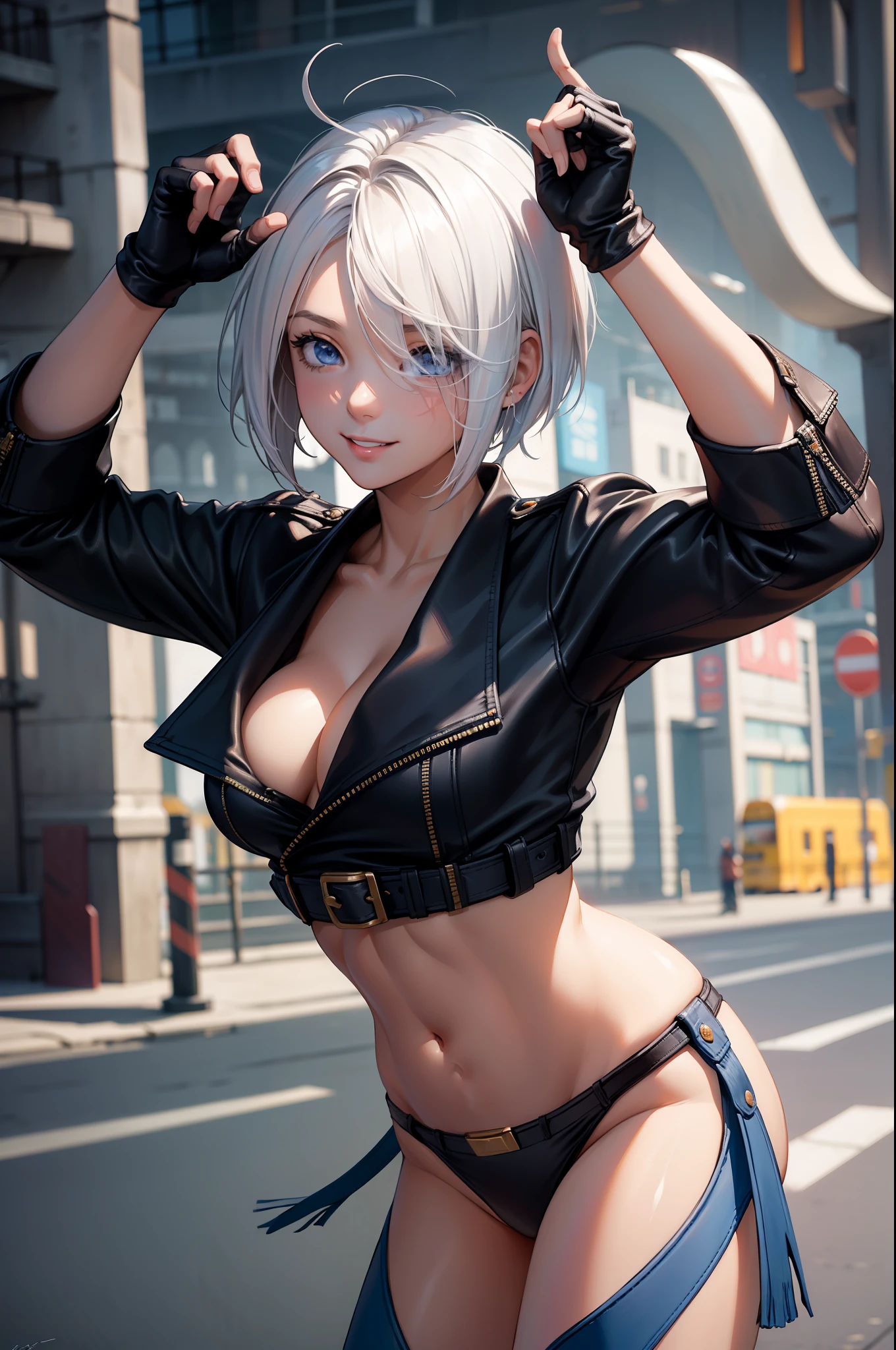 (masterpiece), best quality, expressive eyes, perfect face, highres, 1girl, solo, angelms, white hair, jacket, ahoge, fingerless gloves, midriff, panties, cleaveage, hands to hips, leaning forward, smiling, fanstasy background, particles, magic, standing,cowboy shot, looking at the viewer, from front
