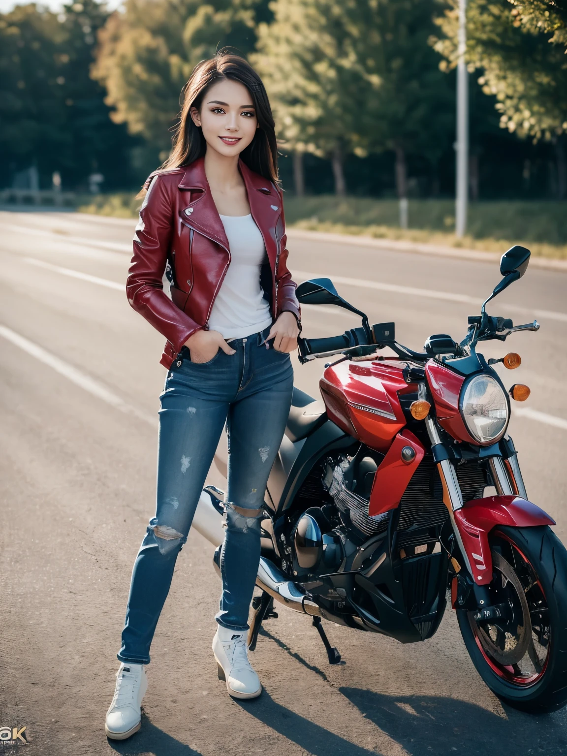 ((highest quality, 8K, masterpiece: 1.3)), sharp: 1.2, perfect body beauty: 1.4,(((Woman on Motorcycle))),slender body,((Red long sleeve motorcycle jacket and jeans)),Highly detailed face and skin texture,((full body shot)),Natural light,smile