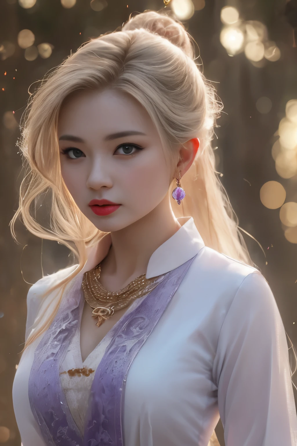1 beautiful girl in Hanfu costume, ((white thin purple silk shirt with a lot of texture)), white lace top, long purple platinum ponytail Hair, Jewelry, ear jewelry, necklaces and necklaces, carefully drawn big purple eyes, makeup careful, thin eyebrows, high nose, beautiful red lips, no smile, pursed lips, rosy cheeks, wide breasts, big breasts, proportional breasts, slim waist, purple fishnet socks, chinese hanfu style, fictional art texture, colorful bright and realistic, RAW Photo, Realistic Photo, ultra high quality 8k surreal photo, (effective fantasy light effect: 1.8), 10x pixels, magical effect (Background): 1.8), ultradetailed eyes, full body portrait of girl , Chinese royal garden background, dynamic pose