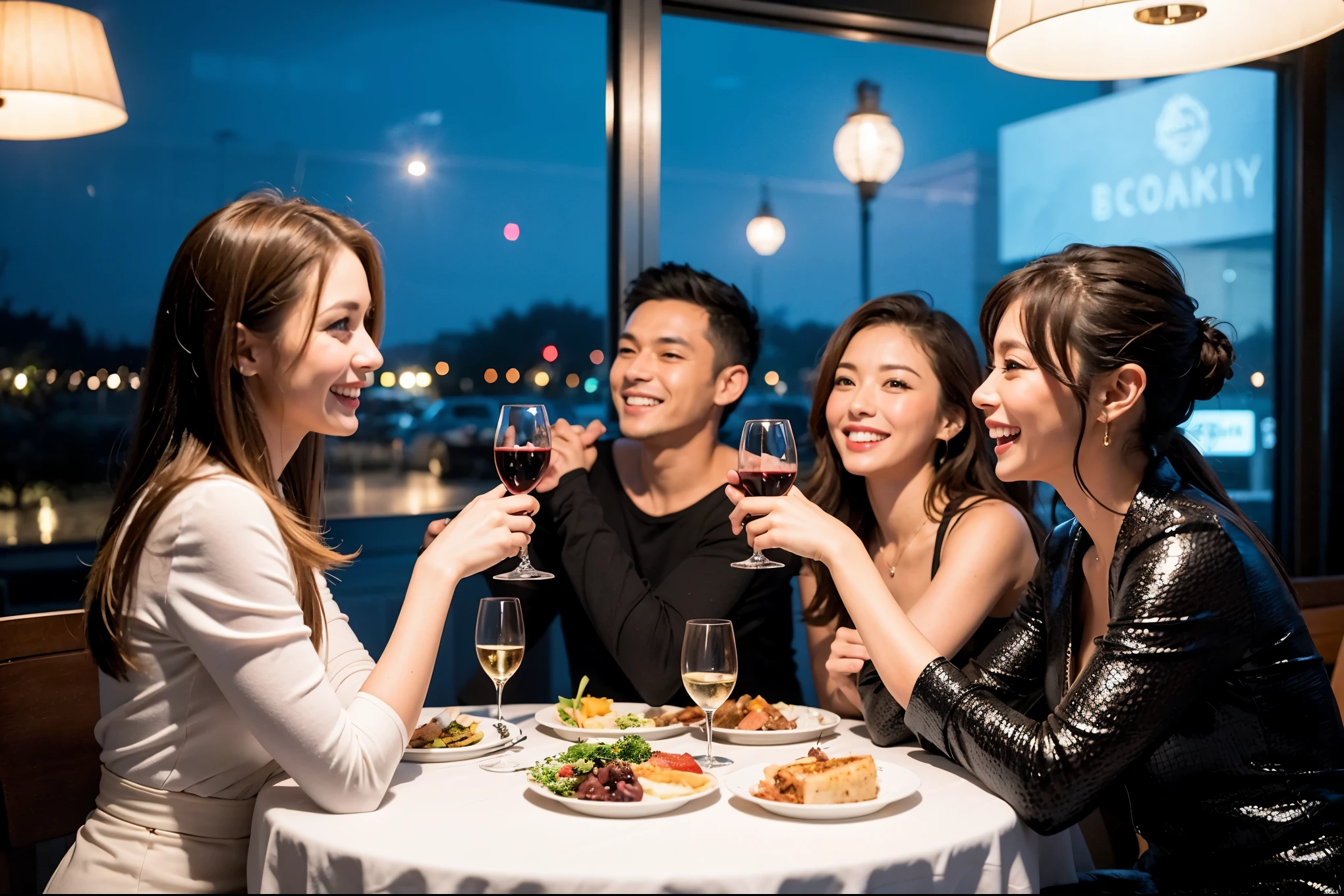 64k, UHD, highest quality, masterpiece: 1.2), (realistic, photorealistic: 1.37), Super detailed, celebration party、beauty、attractive、beautiful mature woman、3 women who love wine、three men、champagne、Sparkling wine、winter night、restaurantでワイン宴会、(slimな男女4名),(Wine party for 5 people)、(slimフェイス),Happy、 最高なsmile、Fox Face、Raccoon face、Berry Short、(because I&#39;thin), (brown hair), (shortcut), long sleeve shirt、winter fashion、Colombia、Brazilian、Japanese、Dutch、German、Portuguese、Belgian、Italian、french, (gushing), (slimボティ), (brown hair), (shortcut), 端正なbeauty、cheeks blush a little, (41 years old), 38 years old, 35 years old、32 years old、 A beautiful and detailed night view spreads out outside the window......., restaurant, wine glassが座っている, At night, in a prominent place (from the Upper body) nova frog style, actress, model, Upper body, White wine, slim, wine glass, Very beautiful night view, wine glass Put in the Middle, Happy smile, (smile: 1.15), 