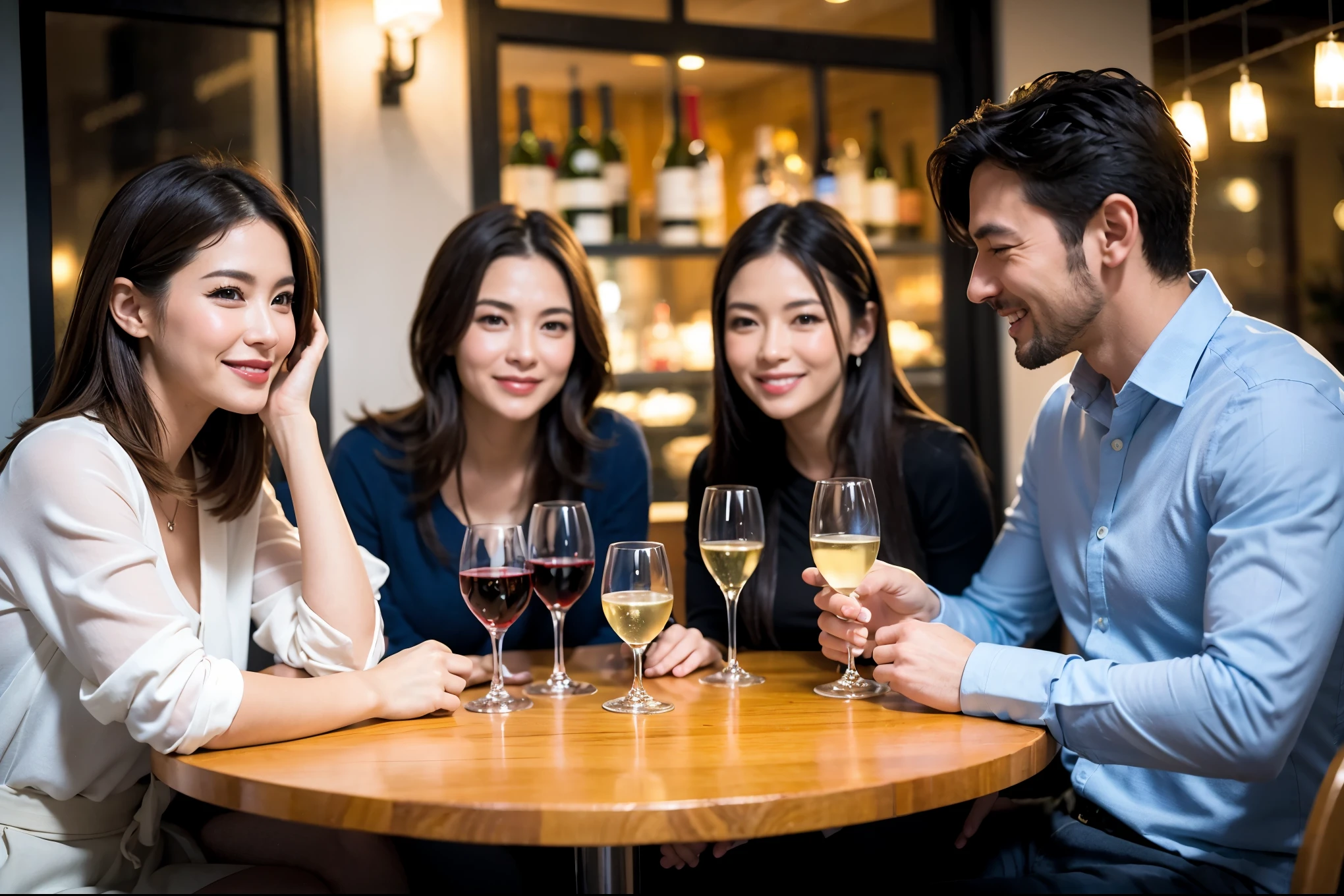 64k, UHD, highest quality, masterpiece: 1.2), (realistic, photorealistic: 1.37), Super detailed, celebration party、beauty、attractive、beautiful mature woman、3 women who love wine、three men、champagne、Sparkling wine、winter night、restaurantでワイン宴会、(slimな男女4名),(Wine party for 5 people)、(slimフェイス),Happy、 最高なsmile、Fox Face、Raccoon face、Berry Short、(because I'thin), (brown hair), (shortcut), long sleeve shirt、winter fashion、Colombia、Brazilian、Japanese、Dutch、German、Portuguese、Belgian、Italian、french, (gushing), (slimボティ), (brown hair), (shortcut), 端正なbeauty、cheeks blush a little, (41 years old), 38 years old, 35 years old、32 years old、 A beautiful and detailed night view spreads out outside the window......., restaurant, wine glassが座っている, At night, in a prominent place (from the Upper body) nova frog style, actress, model, Upper body, White wine, slim, wine glass, Very beautiful night view, wine glass Put in the Middle, Happy smile, (smile: 1.15),