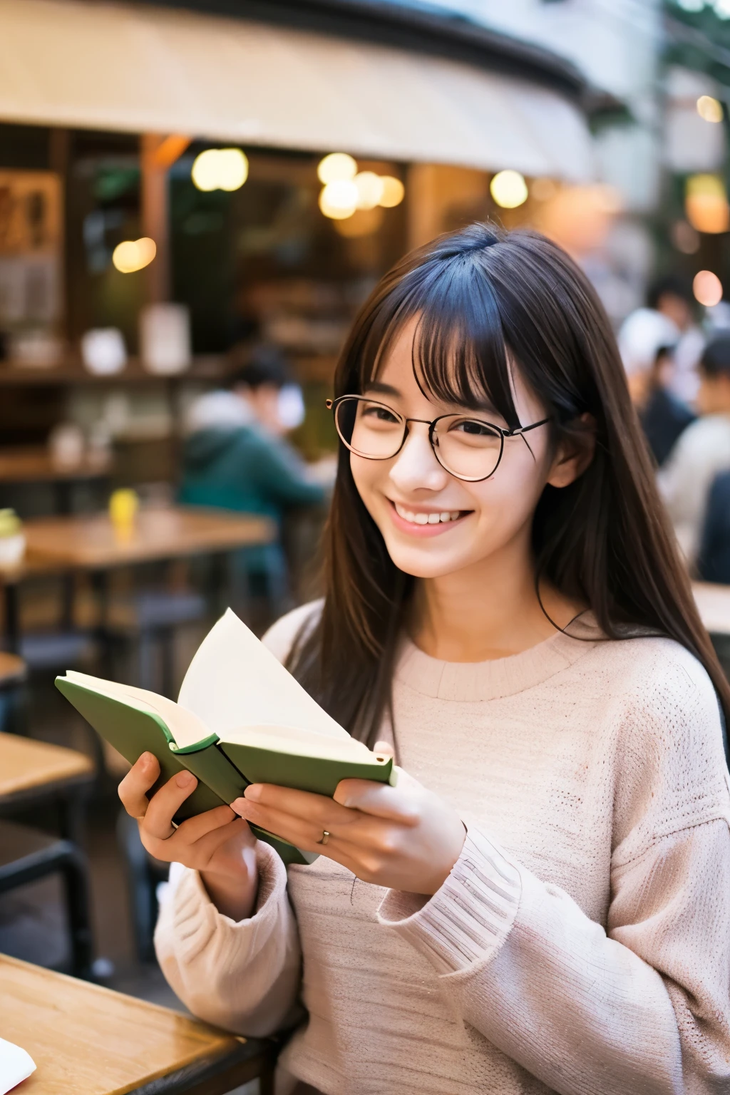 reading a book、Japanese、woman、32 years old、smile、long hair、glasses、Otaku、long sleeve、coffee shop