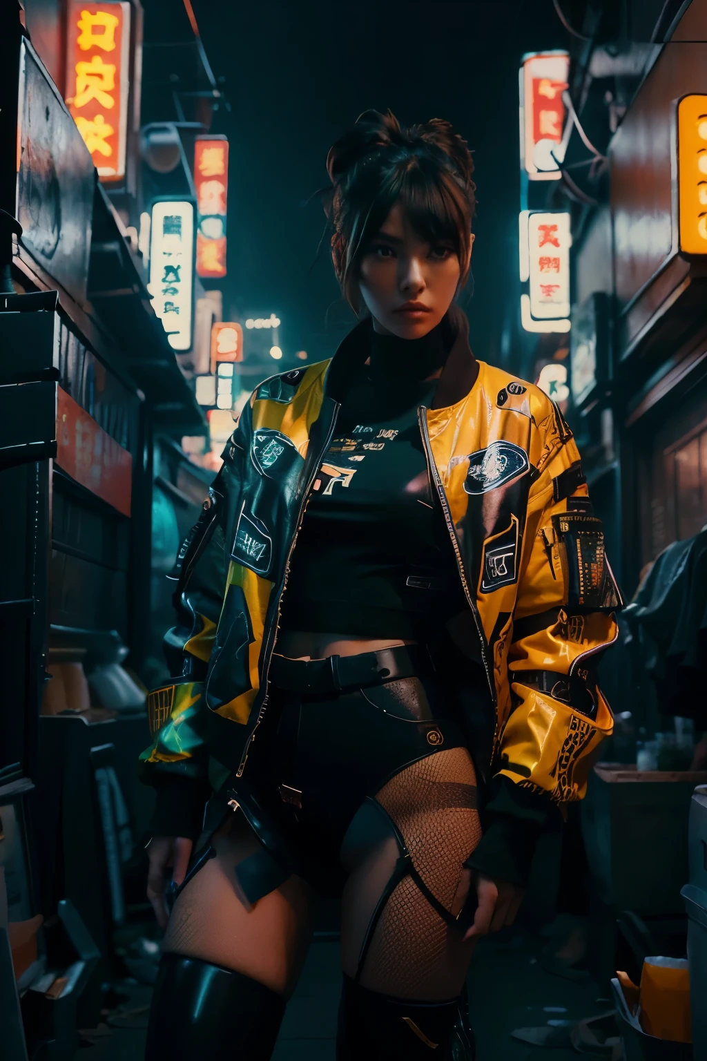 16K, Realistic photographic image, Masterpiece, Shot with a SLR camera, Canon, aperture 1.8, Hyperrealism, 1 girl in the frame, Chinese girl, similar to Linda Evangelista in her youth, futuristic image, cyberpunk style, dark hair in a tight bun , She stands at full height, wearing an acid green MEGA oversized jacket, her hands in the pockets of the jacket, transparent black tights on her legs, against the backdrop of a gray gloomy cyberpunk city, in the background there are neon signs, on the signs it is written in Chinese.