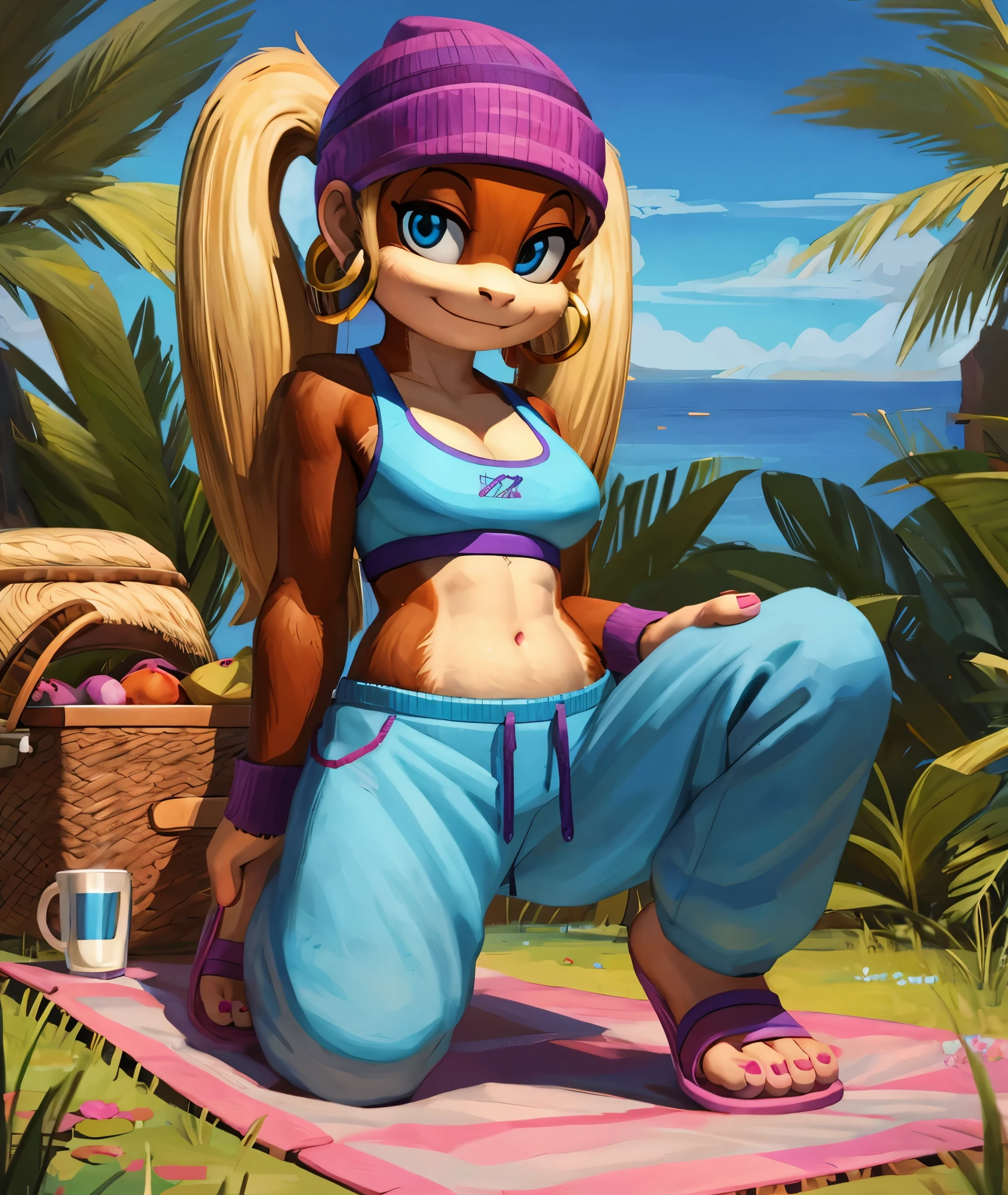 [Tiny Kong], [Uploaded to e621.net; (Pixelsketcher), (wamudraws)}, ((masterpiece)), ((HD)), ((high res)), ((solo portrait)), ((full body)), ((front view)), ((feet visible)), ((furry; anthro)), ((detailed fur)), ((detailed shading)), ((beautiful render art)), ((intricate details)), {anthro monkey; brown fur, (two nostrils), (cute blue eyes), (half-closed eyes), (short eyelashes), blonde hair, twintails, (pink nails), (curvy hips), (beautiful legs), (beautiful feet), (cute smirk)}, {(blue sports bra), (navel), (cleavage), (blue sweatpants), (purple beanie), (green stripes on beanie), (pink sandals on feet), (hoop earrings)}, {(on picnic blanket), (kneeling), (looking at viewer)}, [background; (tropical forest), (grass plains), (blue sky), (sun rays), (ambient lighting)]