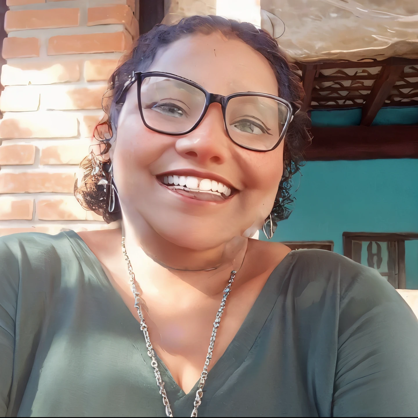 smiling woman with glasses and a necklace sitting outside