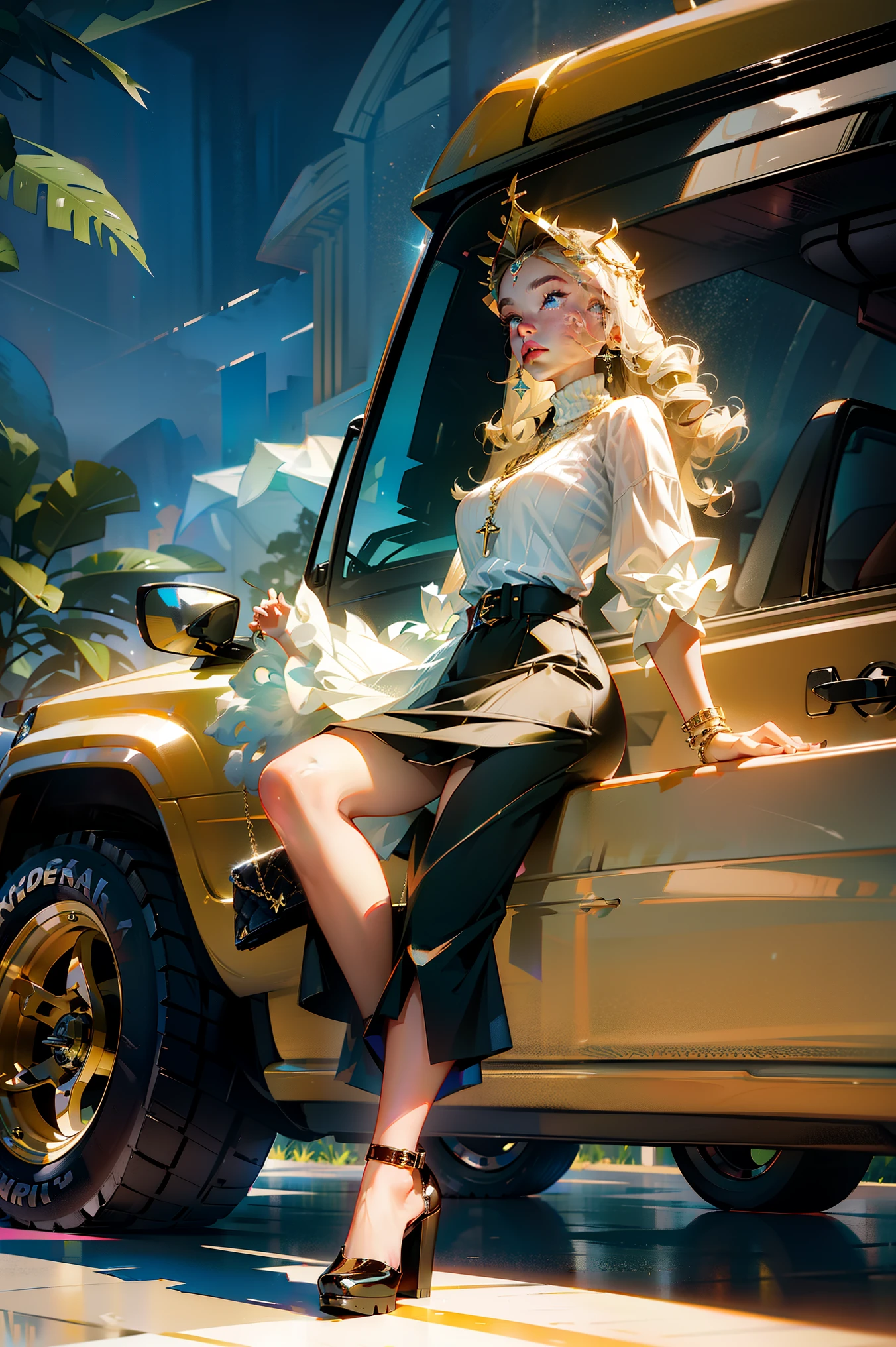 A beautiful female CEO,A little obese,Platinum round toe platform shoes,Behind is a luxury off-road vehicle,navel-baring outfit,cross legs,The door is open, She is holding a leather bag,Wear leather shorts, A modern gold luxury headpiece. Her hair was long and curly. This is a spectacular full body image,Small upward tilt angle,fat leg,fat ass,many details