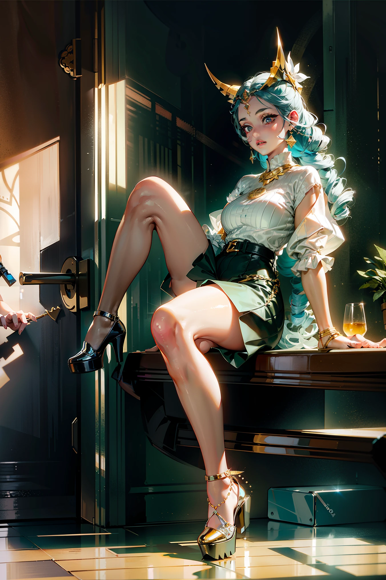 A beautiful female CEO，A little obese，Platinum round toe platform shoes，Behind is a luxury off-road vehicle，navel-baring outfit，cross legs，The door is open， She is holding a leather bag，Wear leather shorts, A modern gold luxury headpiece. Her hair was long and curly. This is a spectacular full body image，Small upward tilt angle，fat leg，fat ass，many details