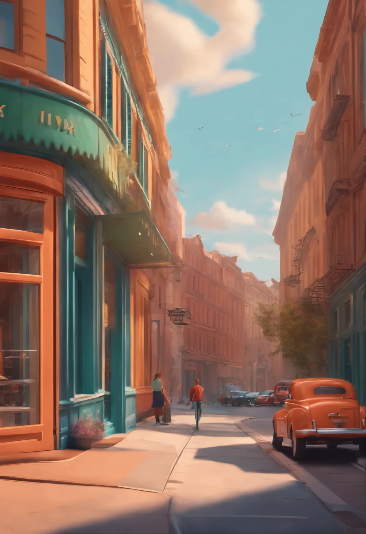 Pixar 3D style drawing of a slimming clinic in the city center with a character in the foreground