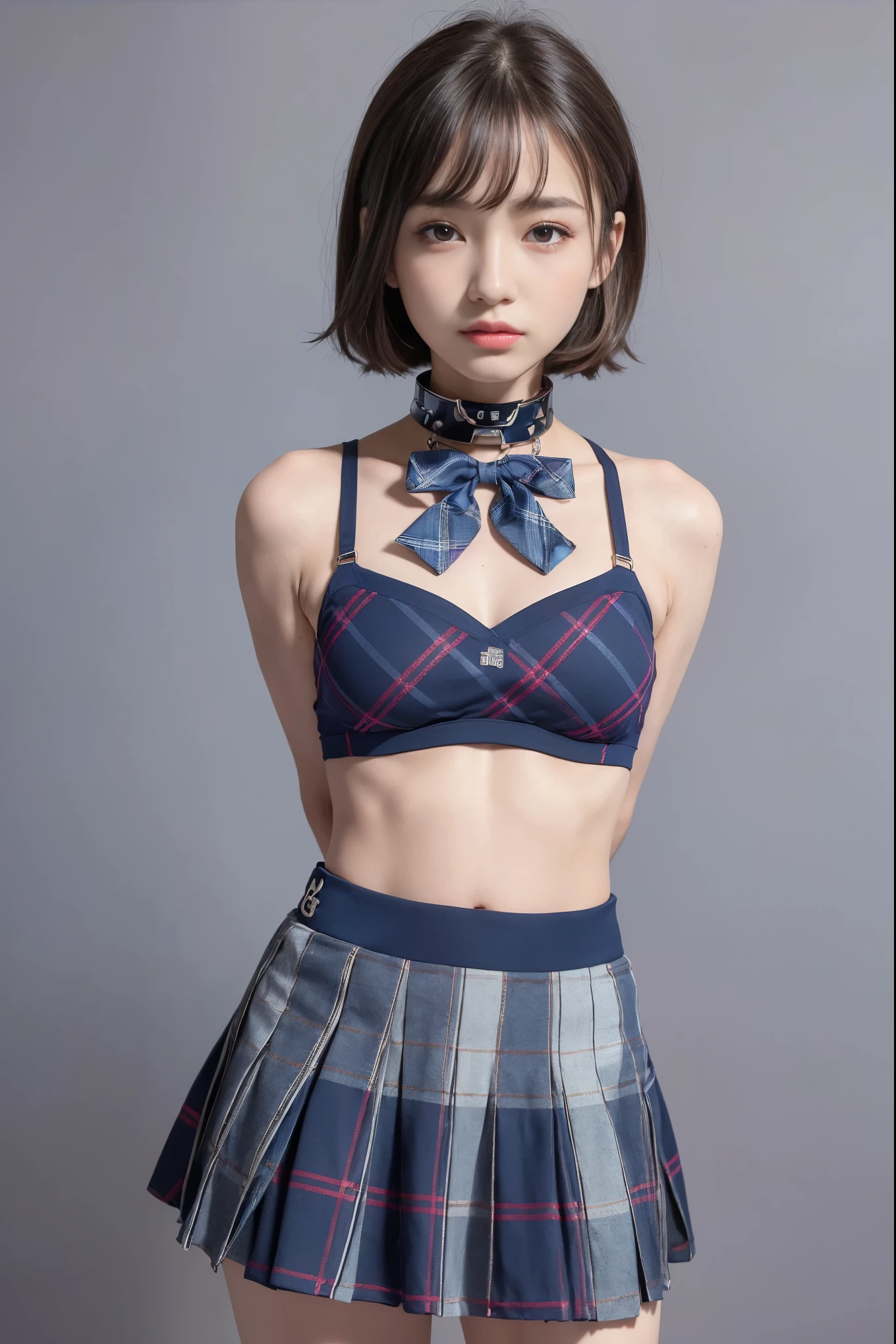 (8x_NMKD-Superscale_150000_G),(8K, Super high quality,highest quality),(masterpiece:1.5),(girls),(18 years old),(arms behind back:1.5),(iron collar:1.5),blue plaid bow tie,blue bra,Blue plaid pleated mini skirt,dark blue socks
