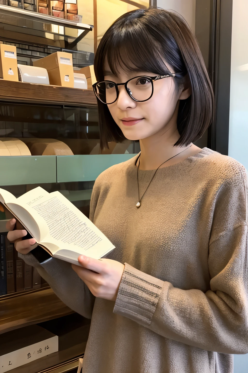 reading a book、Japanese、liberal arts woman、32 years old、straight face、short hair、glasses、long sleeve、coffee shop