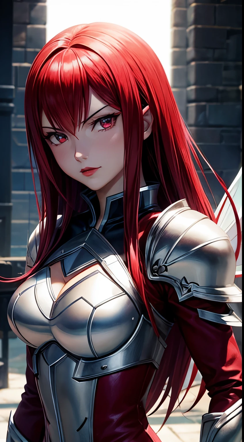 Masterpiace, Erza Scarlet, Anime Fairy Tail, red lips, light armor, close'up, cinematic lighting