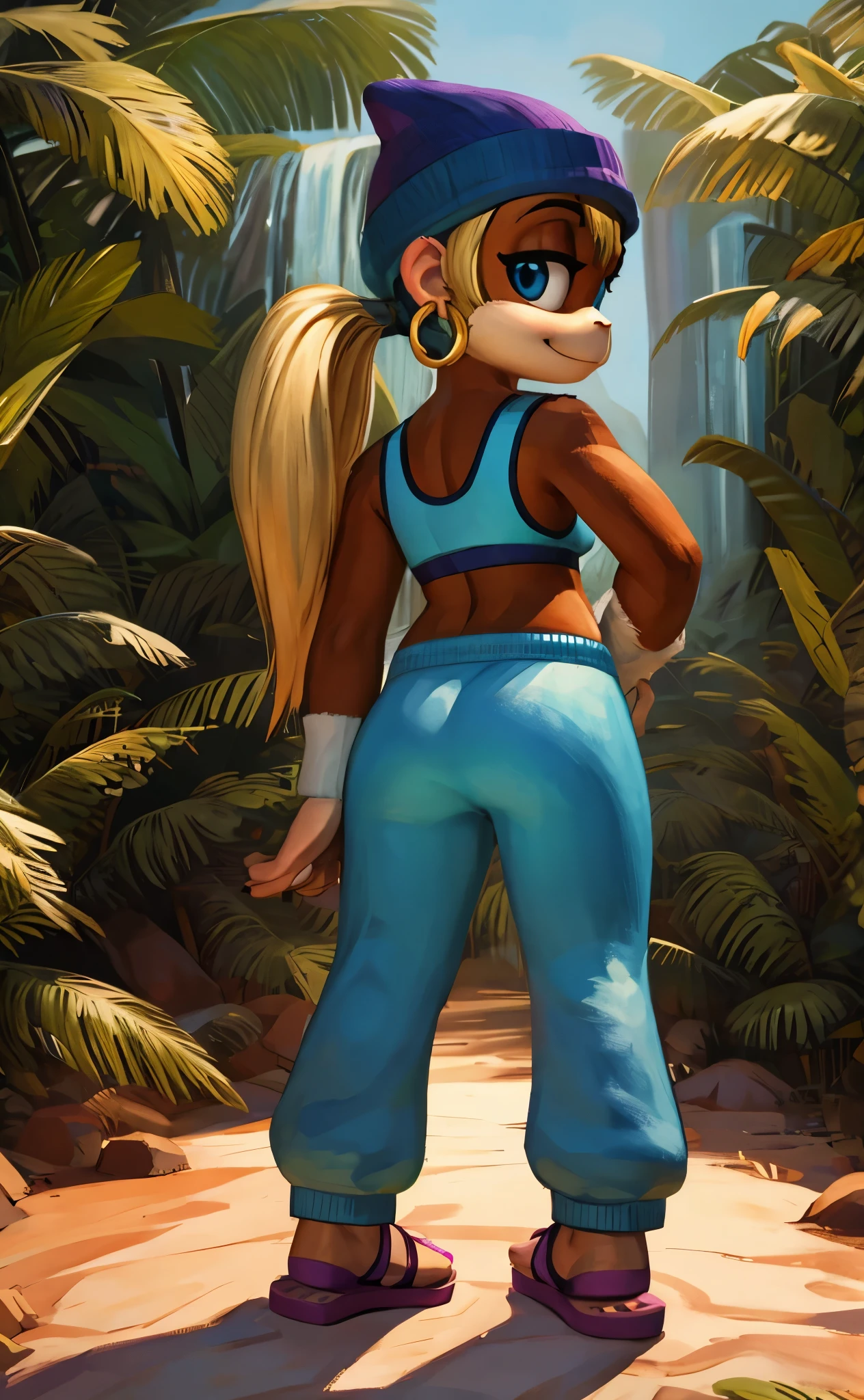 [Tiny Kong], [Uploaded to e621.net; (Pixelsketcher), (wamudraws)}, ((masterpiece)), ((HD)), ((high res)), ((solo portrait)), ((full body)), ((back view)), ((furry; anthro)), ((detailed fur)), ((detailed shading)), ((beautiful render art)), ((intricate details)), {anthro monkey; brown fur, (two nostrils), (cute blue eyes), (half-closed eyes), (short eyelashes), blonde hair, twintails, (curvy hips), (beautiful legs), (cute smirk)}, {(blue sports bra), (midriff), (blue sweatpants), (purple beanie), (green stripes on beanie), (gold hoop earrings), (pink sandals)}, {(standing), (looking at viewer)}, [background; (tropical forest), (beaten path), (blue sky), (sun rays), (ambient lighting)]