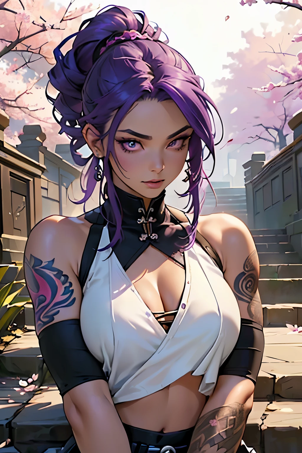 ((Very beautiful Oriental woman, with an alluring expression, sits on the edge of a stoney steps, surrounded by the serene beauty of cherry blossoms. Her exotic allure is accentuated by her extremely beautiful, porcelain skin. Her top is a cropped, half shirt, revealing just a hint of her perfectly shaped, full breasts. The shirt is worn and tattered at the edges, giving it a stey-punk, edgy look. Her arms are adorned with intricate, detailed tattoos, with vibrant purple hair and magenta highlights cascading down her shoulders. The sun sets behind her, casting dramatic lighting on her incredibly detailed face and body. Her hands, with