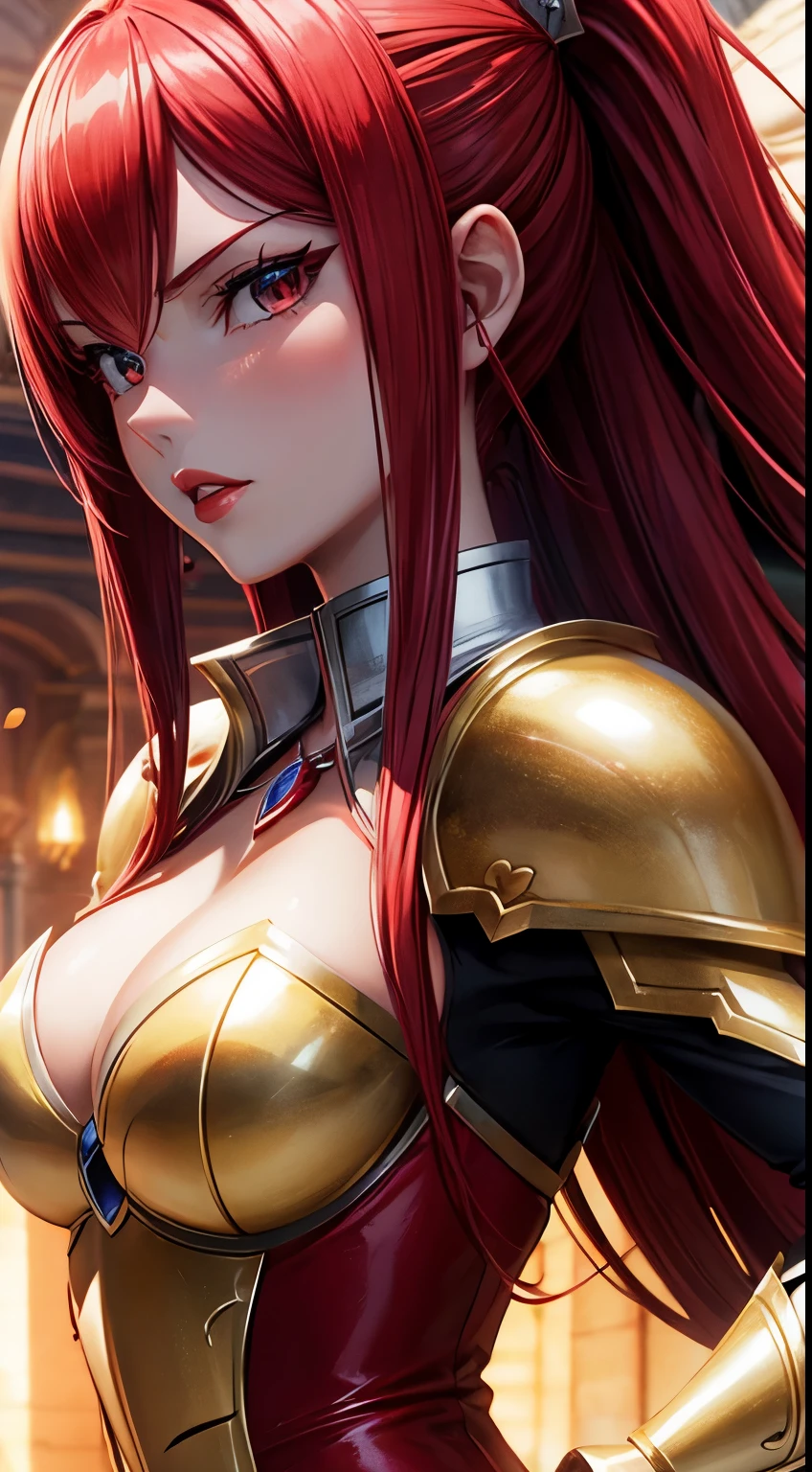 Masterpiace, Erza Scarlet, Anime Fairy Tail, red lips, light armor, close'up, cinematic lighting