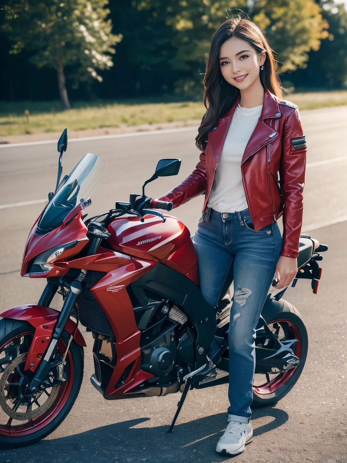 ((highest quality, 8K, masterpiece: 1.3)), sharp: 1.2, perfect body beauty: 1.4,(((Woman on motorcycle))),slender body,((Red long sleeve motorcycle jacket and jeans)),Highly detailed face and skin texture,((full body shot)),Natural light,smile