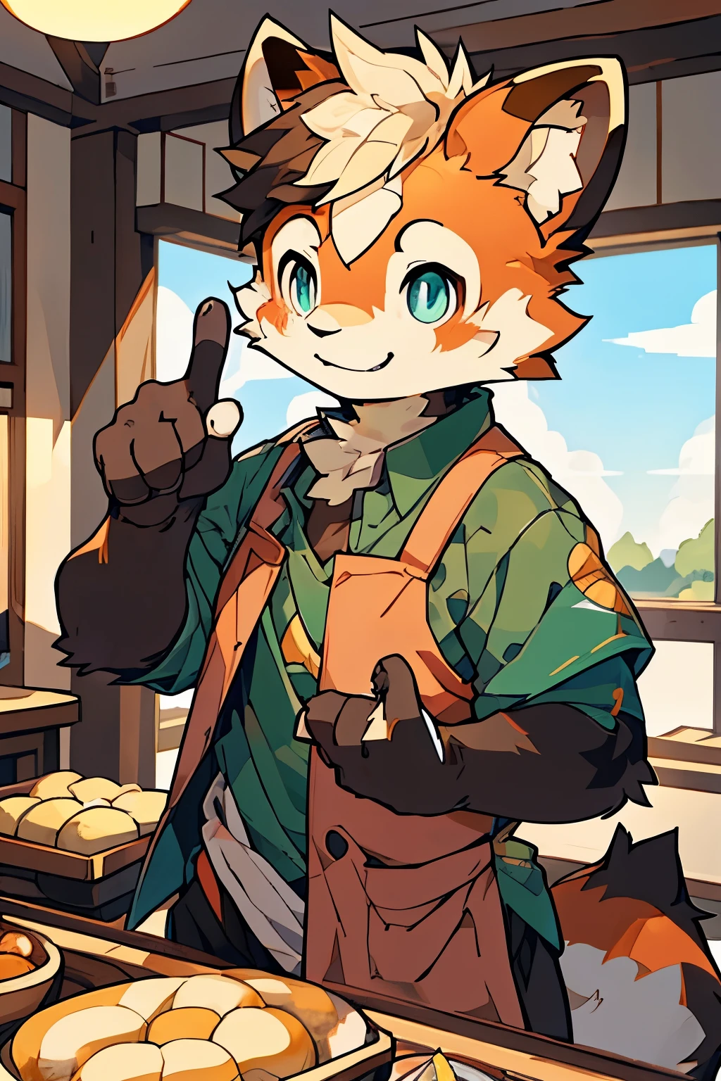 alone, male,fat, Red panda, (Common,hairy, Humanity), top quality,best quality,Rozmin trip,vector art, , Negi, round,broken to pieces,indoor,(男孩黑色人形Red panda:1.2), smiling warmly,Flashing friendly peace signs,Super detailed illustrations,alone person,green-shirt,brown apron,Inside the dessert shop,Work,shy expression,sky blue eyes,shota