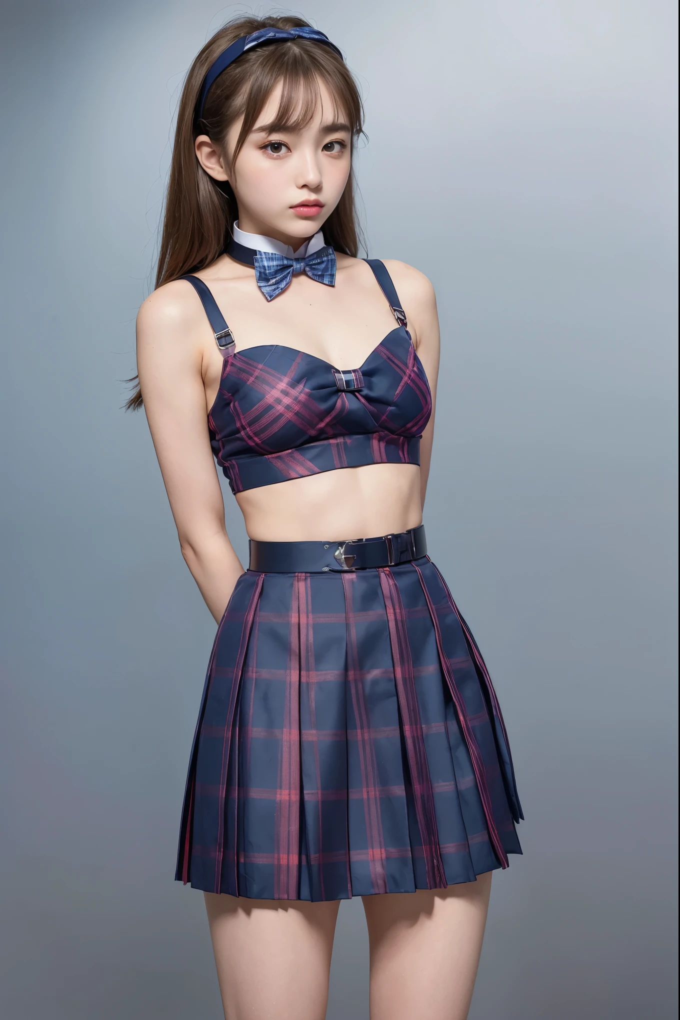 (8x_NMKD-Superscale_150000_G),(8K, Super high quality,highest quality),(masterpiece:1.5),(girls),(18 years old),(arms behind back:1.5),(iron collar:1.5),blue plaid bow tie,blue bra,Blue plaid pleated mini skirt,dark blue socks