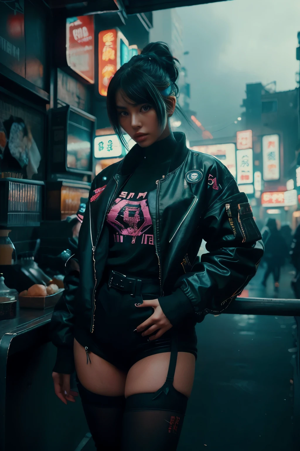 16K, Realistic photographic image, Masterpiece, Shot with a SLR camera, Canon, aperture 1.8, Hyperrealism, 1 girl in the frame, Chinese girl, similar to Linda Evangelista in her youth, futuristic image, cyberpunk style, dark hair in a tight bun , She stands at full height, wearing an acid green MEGA oversized jacket, her hands in the pockets of the jacket, transparent black tights on her legs, against the backdrop of a gray gloomy cyberpunk city, in the background there are neon signs, on the signs it is written in Chinese.