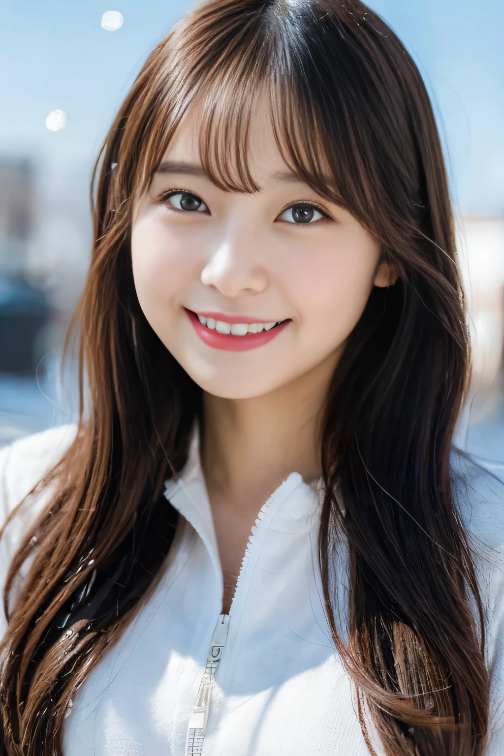 ((Show only the face、close up of face))、(realistic、Photoreal、Super detailed、best detailed skins、highest quality、masterpiece、ultra high resolution)、cute japanese woman、17 years old、high school girl、young girl、light makeup、1 girl、have bangs、double eyelid、drooling eyes、big black eyes、Japanese style face、smile、Charm、purity、cute smile、double teeth、watch here、realistic肌タイプ、thick muffler、Grey muffler、fluffy hair、Hair is curled、red cheeks、the wind is blowing、that'It's snowing、Light is coming in from behind