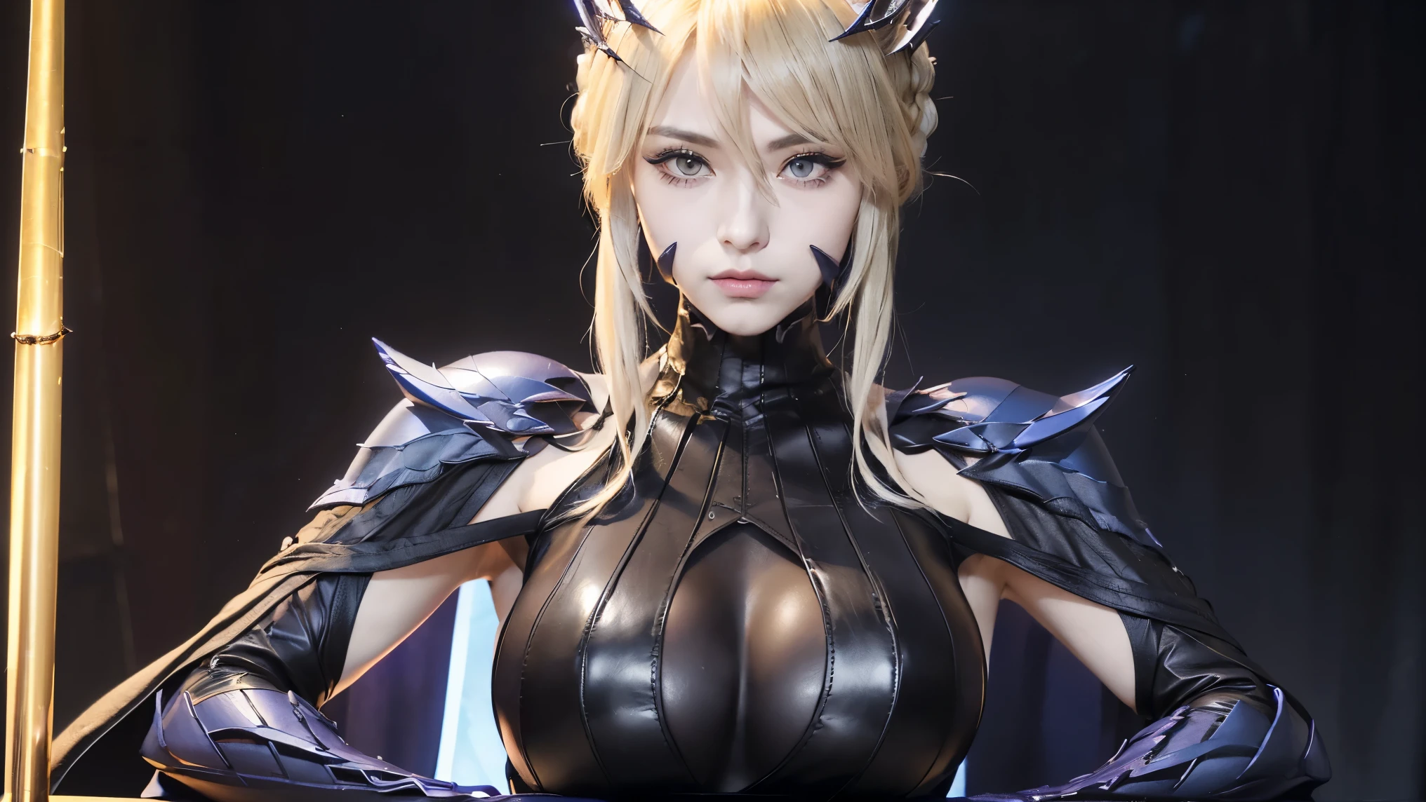 Artoria Pendragon、Lancer Alter、spear alter、Artoria Pendragon, Artoria Pendragon(lancer alter)、beautiful face, lancer alter、1 girl,Supervillains、elegant adult woman、blonde, golden eyes, (yellow eyelashes)、(Dark hair, big breasts, slim, wide thighs)No sleeve、((black, Leather leotard, (blackと赤いマント), black色のストッキング)、elbow bag、blackいボディストッキング、armor、((black、armor、Shoulder to shoulder、Waist dang、Arm Rest、Cocktail)),cosplay