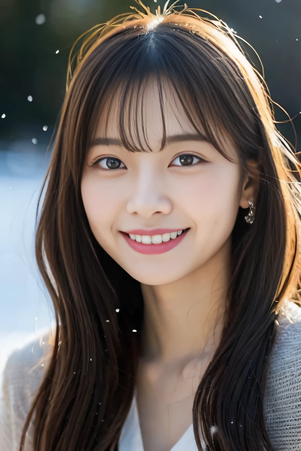 ((Show only the face、close up of face))、(realistic、Photoreal、Super detailed、best detailed skins、highest quality、masterpiece、ultra high resolution)、cute japanese woman、17 years old、high school girl、young girl、light makeup、1 girl、have bangs、double eyelid、drooling eyes、big black eyes、Japanese style face、smile、Charm、purity、cute smile、double teeth、watch here、realistic肌タイプ、thick muffler、Grey muffler、fluffy hair、Hair is curled、red cheeks、the wind is blowing、that'It's snowing、Light is coming in from behind