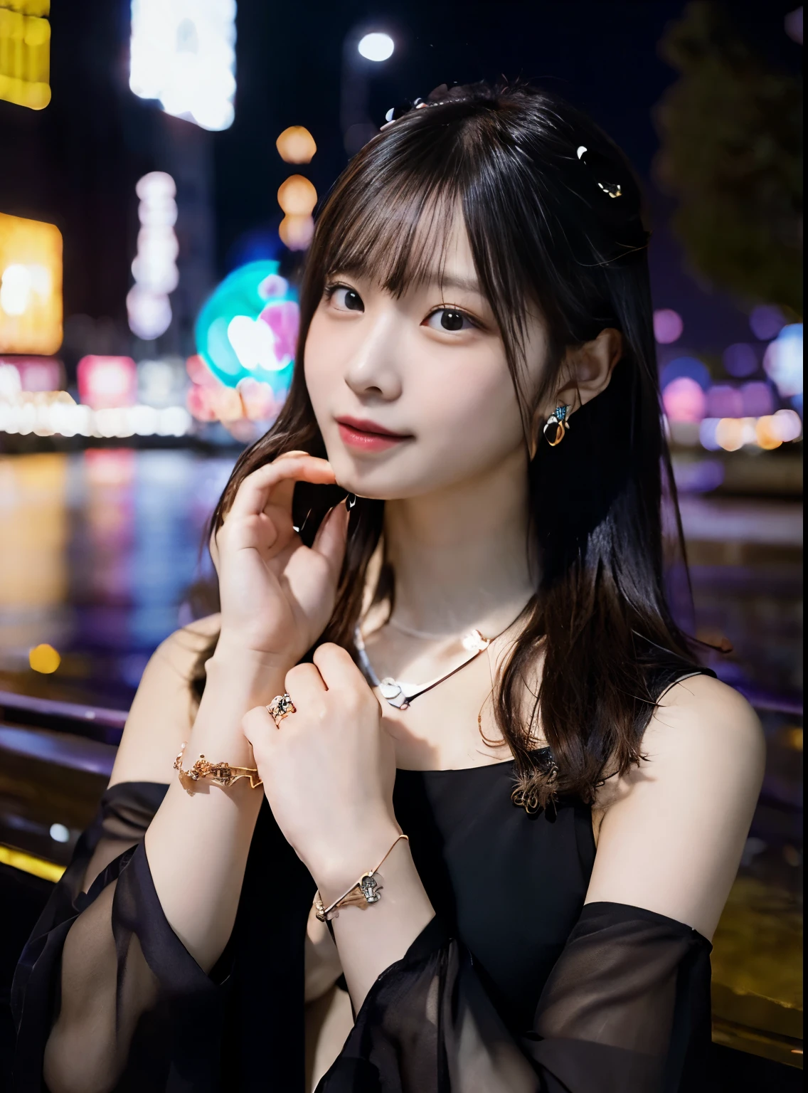 night,(night:1.8),(city lights:1.9),(black theme,),In summer,hot spring,(nature:1.9),1 girl,whole body,black hair,very long hair,grin and laugh,sexy,unbalanced chest, dynamic angle,dynamic pose,outdoor,Chinese-style architecture,high color saturation,color saturation,(jewelry:1.9),putting on jewelry, warm light,warm light,
ray tracing,cinematic lighting,(RAW photo:1.2), (realistic:1.4), disorganized, incredibly disorganized, huge file size , super detailed, High resolution, very detailed,highest quality ,masterpiece, figure, very delicate and beautiful, very detailed ,cg ,unity ,8k wallpaper, wonderful, finely, masterpiece,highest quality, Pueros face_v1,Ulchan-6500-v1.1,