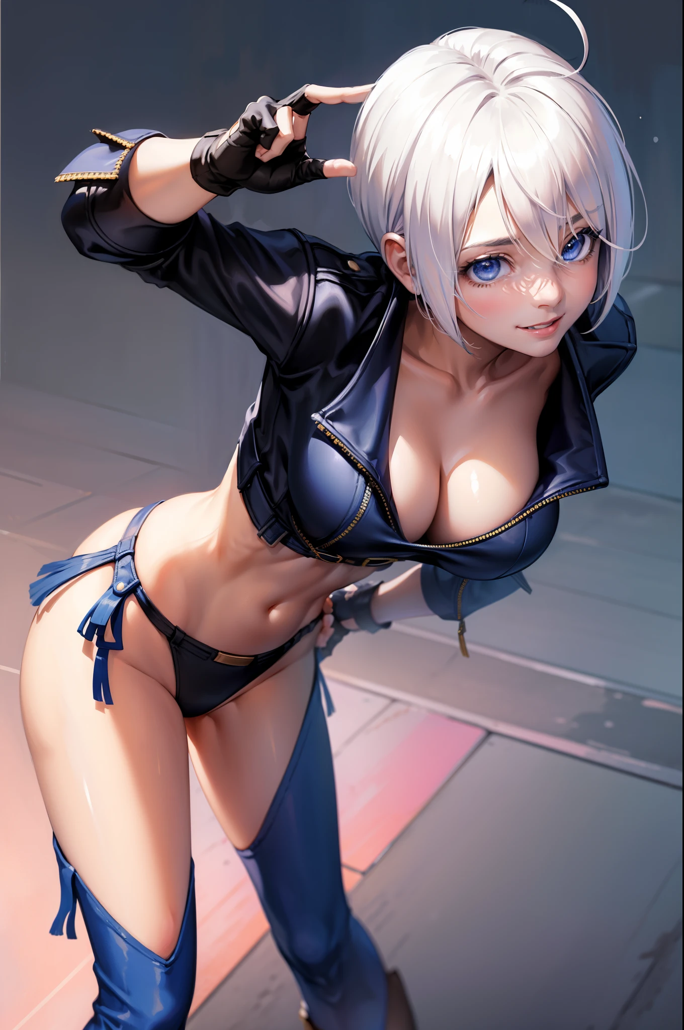 (masterpiece), best quality, expressive eyes, perfect face, highres, 1girl, solo, angelms, white hair, jacket, ahoge, fingerless gloves, midriff, panties, cleaveage, hands to hips, leaning forward, smiling, fanstasy background, particles, magic, standing,cowboy shot, looking at the viewer, from front
