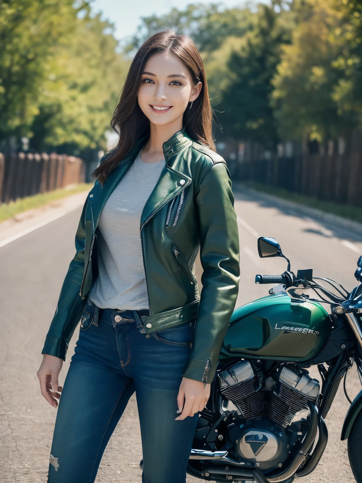 ((highest quality, 8K, masterpiece: 1.3)), sharp: 1.2, perfect body beauty: 1.4,(((Woman on Motorcycle))),slender body,((Dark green long sleeve motorcycle jacket and jeans)),Highly detailed face and skin texture,((full body shot)),Natural light,smile