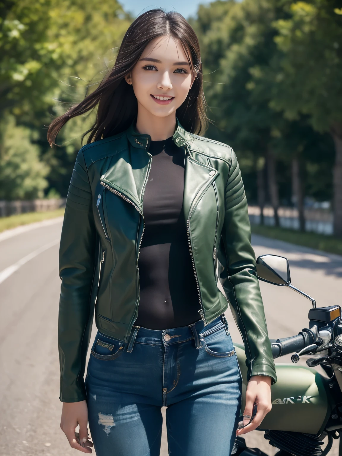 ((highest quality, 8K, masterpiece: 1.3)), sharp: 1.2, perfect body beauty: 1.4,(((Woman on Motorcycle))),slender body,((Dark green long sleeve motorcycle jacket and jeans)),Highly detailed face and skin texture,((full body shot)),Natural light,smile