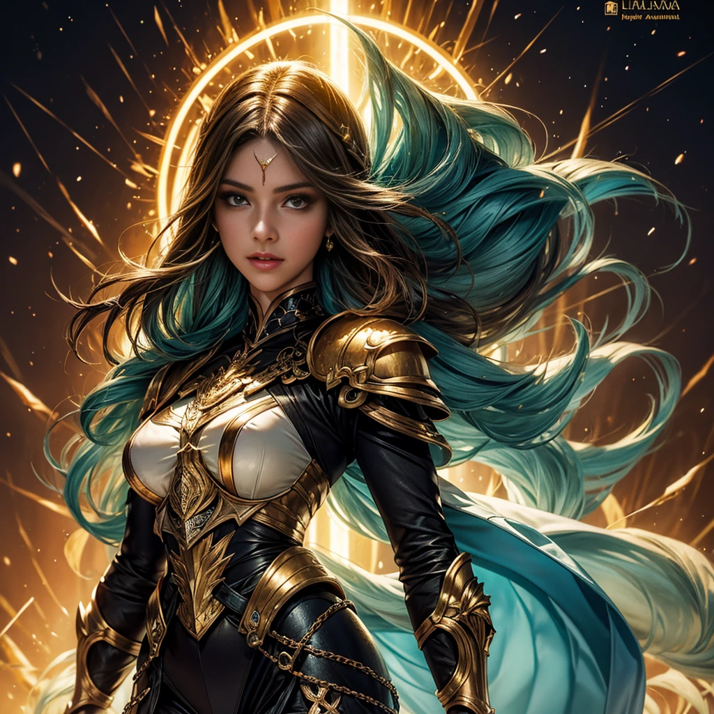No meio da batalha, a woman with long shiny hair stands tall and unyielding. Sua armadura brilha na luz, a symbol of your strength and determination. Your hands, brilhando com um poder sobrenatural, are a testament to your unwavering focus.