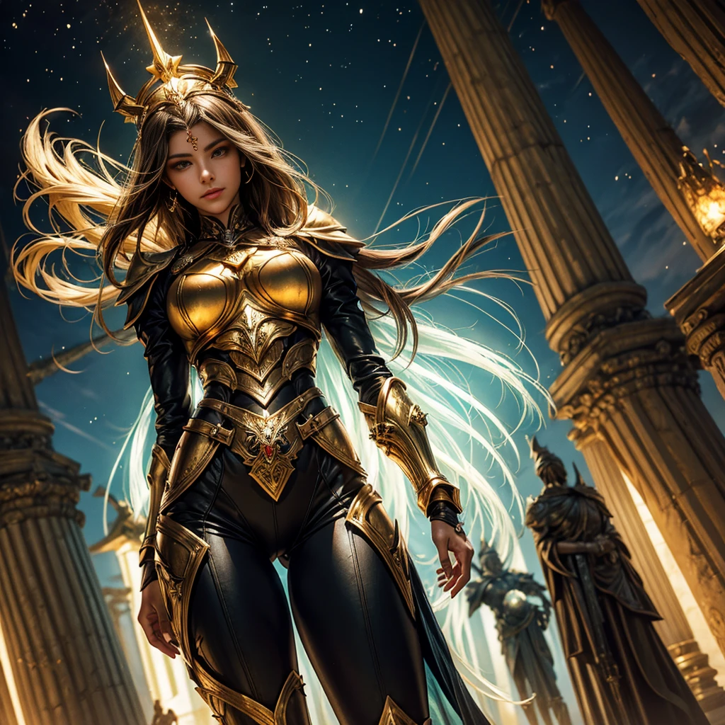 No meio da batalha, a woman with long shiny hair stands tall and unyielding. Sua armadura brilha na luz, a symbol of your strength and determination. Your hands, brilhando com um poder sobrenatural, are a testament to your unwavering focus.