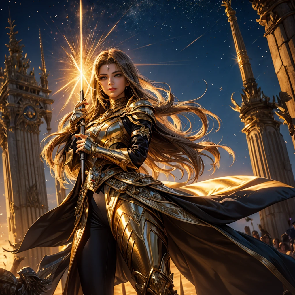 No meio da batalha, a woman with long shiny hair stands tall and unyielding. Sua armadura brilha na luz, a symbol of your strength and determination. Your hands, brilhando com um poder sobrenatural, are a testament to your unwavering focus.