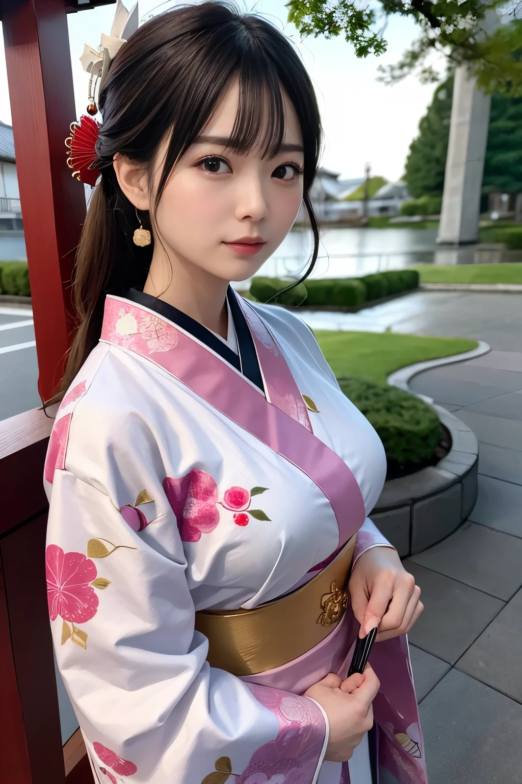 （super highest quality、In 8K、Masseter muscle part、delicate illustrations）、she is a very beautiful japanese housewife.（Around 30 years old）、Odango hairstyle（with hair ornament）、perfect body shape、（Japanese luxury kimono 1.1）、Outside the shrine of Japan、