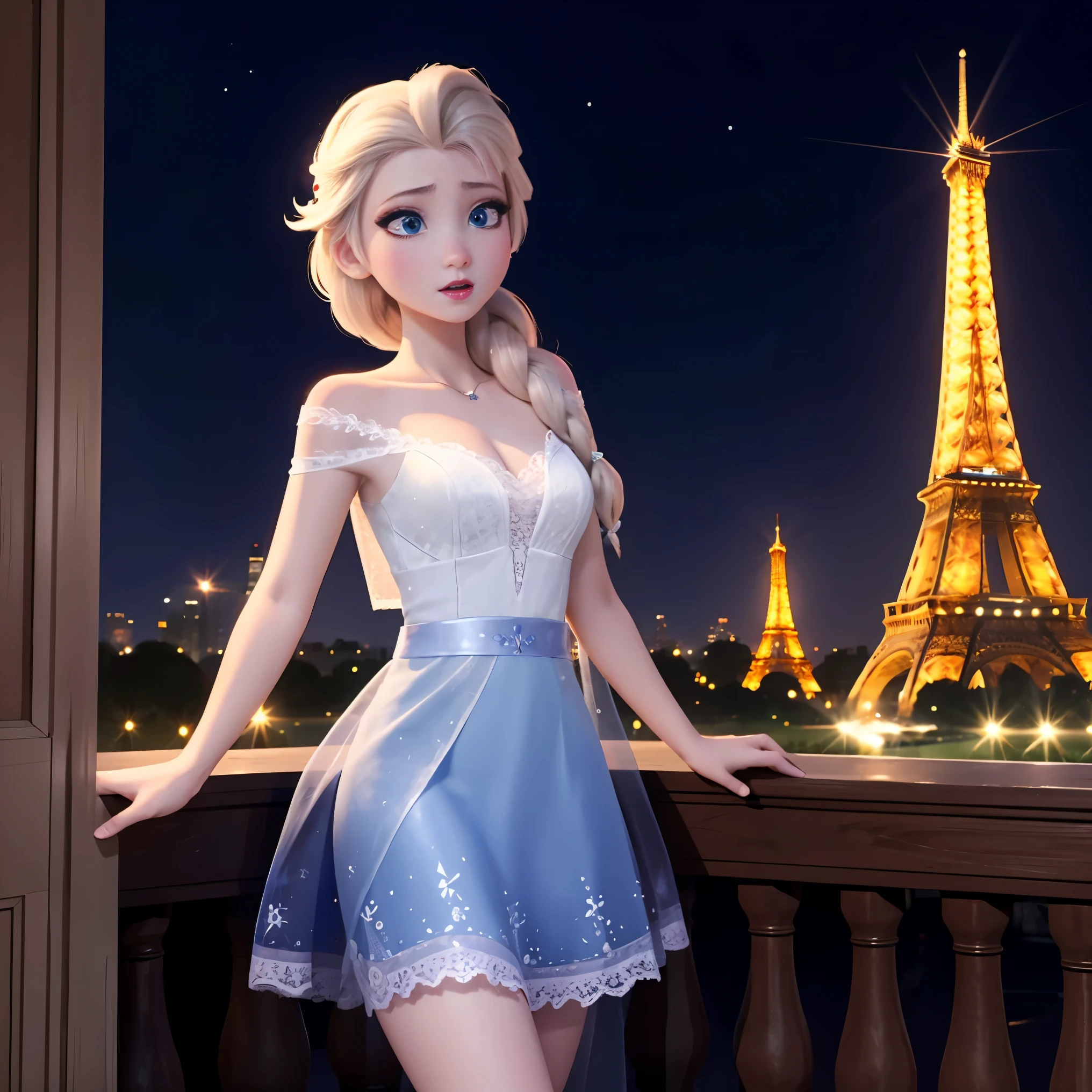 Elsa、beautiful and clear expression, v neck lace tops、mini skirt、city night scene background、eiffel tower、