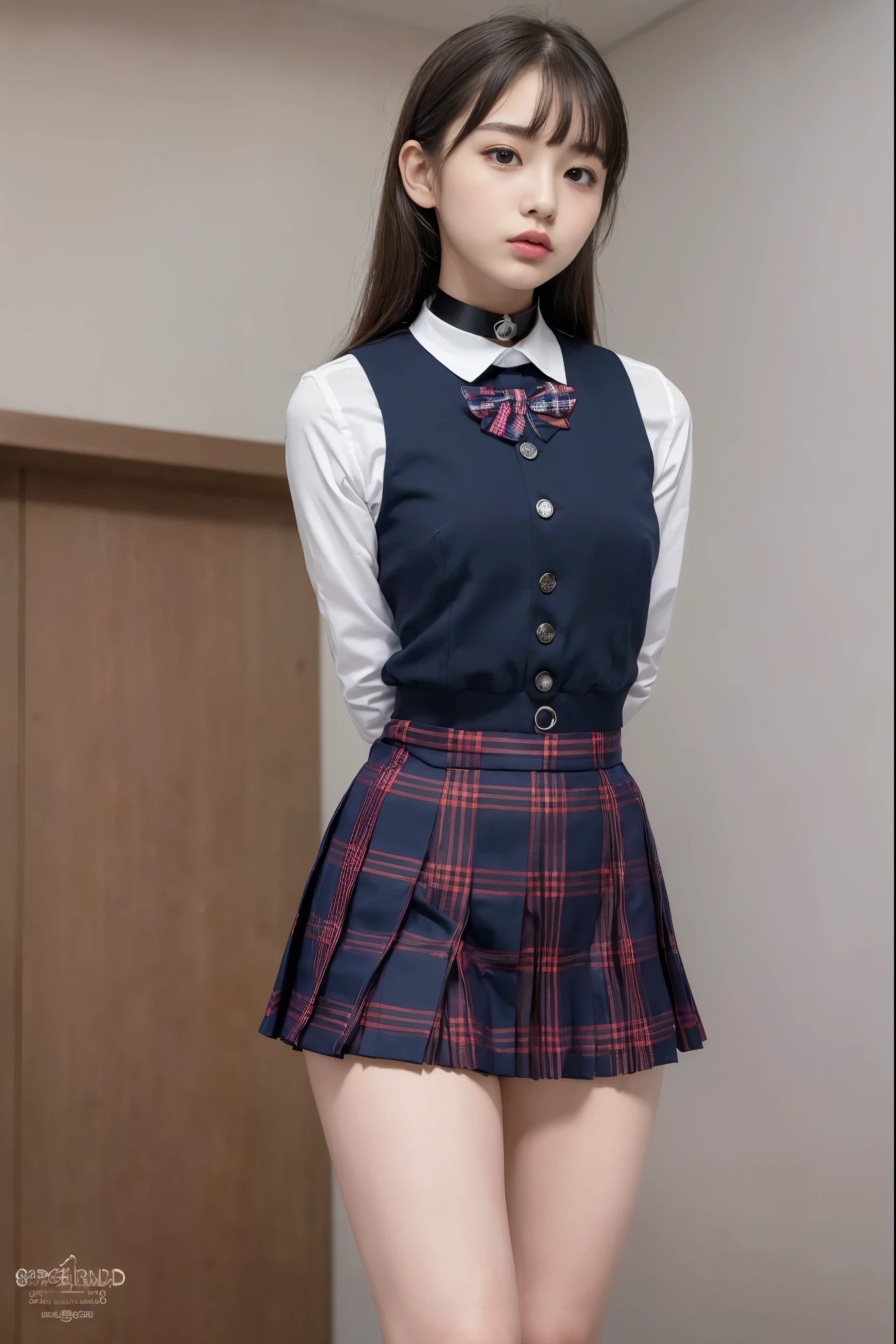 Masterpiece, best quality, (realistic, realistic: 1.4), (RAW photo: 1.2), very detailed CG unity 8k wallpaper, very refined and beautiful, amazing, fine detail, super detailed, very detailed, very detailed girl, very detailed eyes and face, very detailed eyes, face with light, ((blue hair)), very long hair, ((ponytail)), solo, cute, looking at viewer, (Perfect Female Figure), Thin Waist, Full Body, Small Tits, Standing, School Uniform, Plaid Skirt, Collared Shirt, Crop Button, Open Jacket, Sleeveless Shirt, Bare Arms, Bangs, School, Classroom, Ulzzang-6500- v1.1