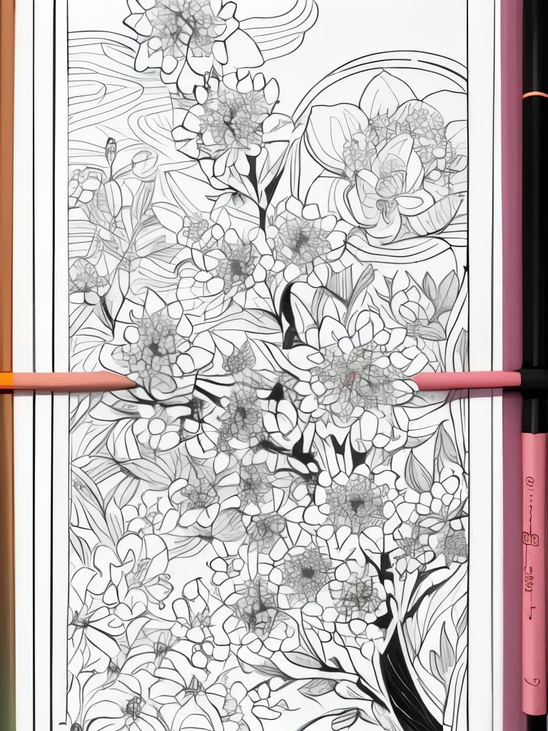 coloring book black and white flower cherry blossoms line drawing