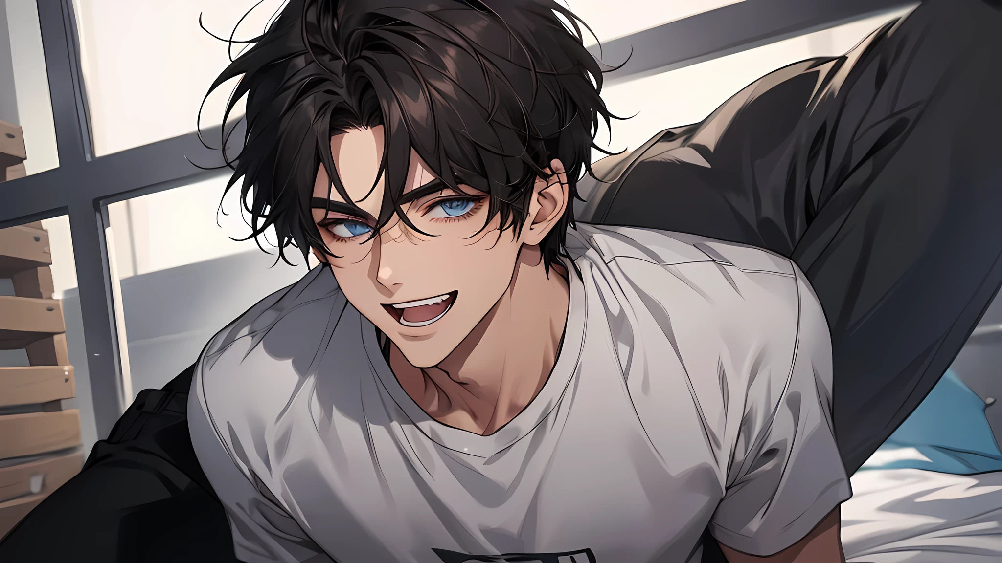there is a 21 years old handsome guy,White T-shirt,black long pants,A gentle face,A dark-haired, Eyes drawn in detail、a handsome、Cinematic power、detailed eyes, detailed face, detailed nose, laughing, open mouth, i just laugh it off