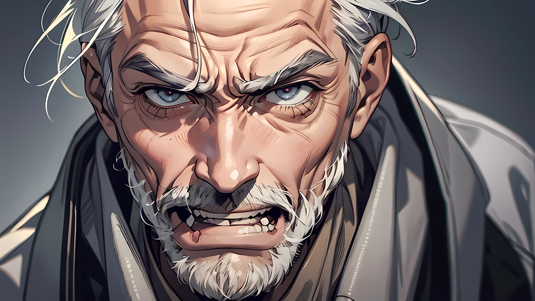 An old man with gray hair,Sneering expression,disdain, An old man,wrinkle on face, gray hair, detailed eyes, detailed face, detailed nose, disgusting face, talking something, open mouth, If only killing intent could actually kill