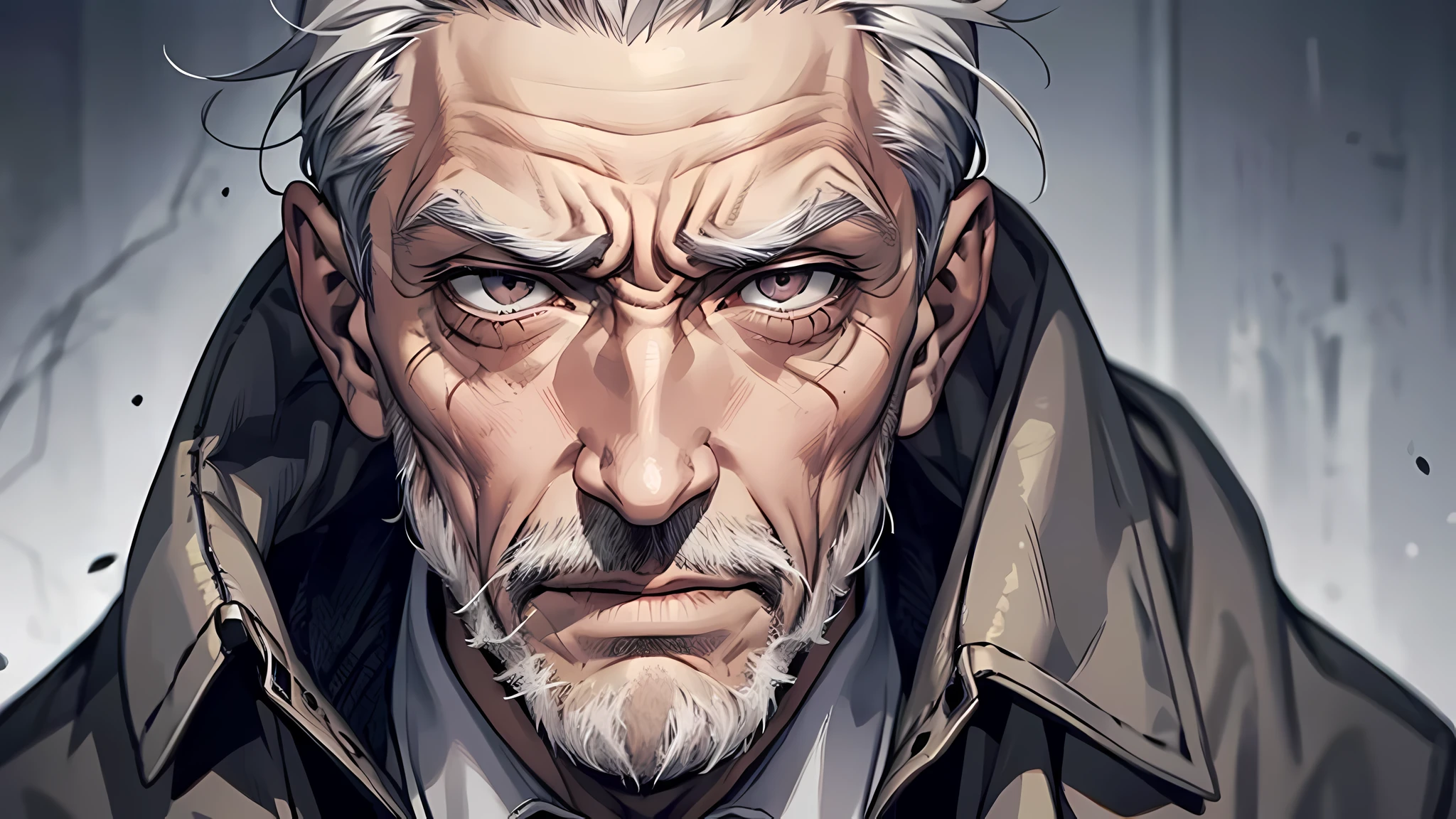 An old man with gray hair，Sneering expression，disdain, An old man，wrinkle on face, gray hair, detailed eyes, detailed face, detailed nose, disgusting face, talking something, open mouth, If only killing intent could actually kill