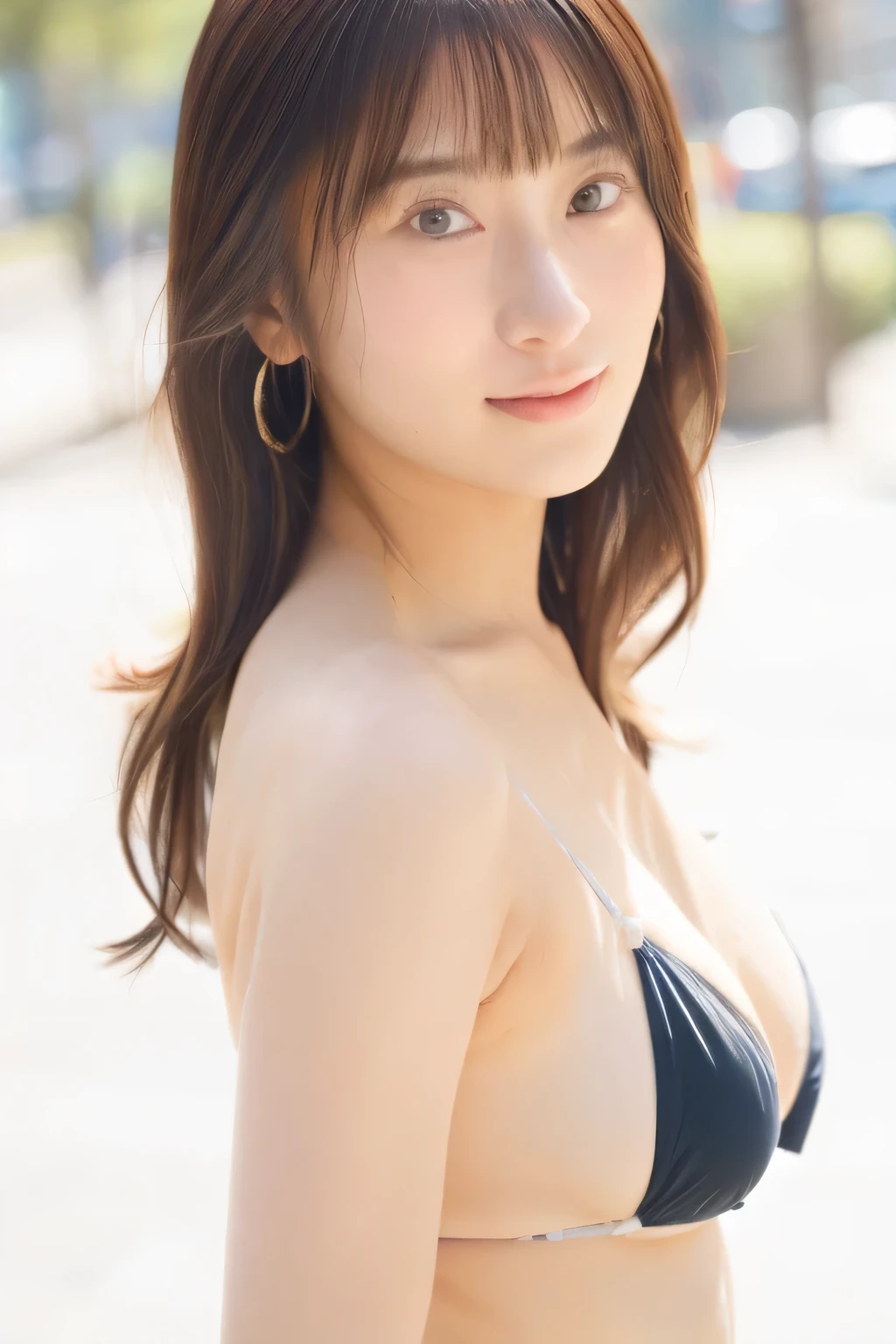 ((highest quality、8K resolution、master masterpiece、portrait:1.3)), Photoreal, 35mm film, 1 Japanese female,Beautiful woman, On the street in the daytime, wrinkles around the eyes, plump body,smile,((sexy micro bikini:1.3)) , (city street: 1.3), jumbled background,look at the audience