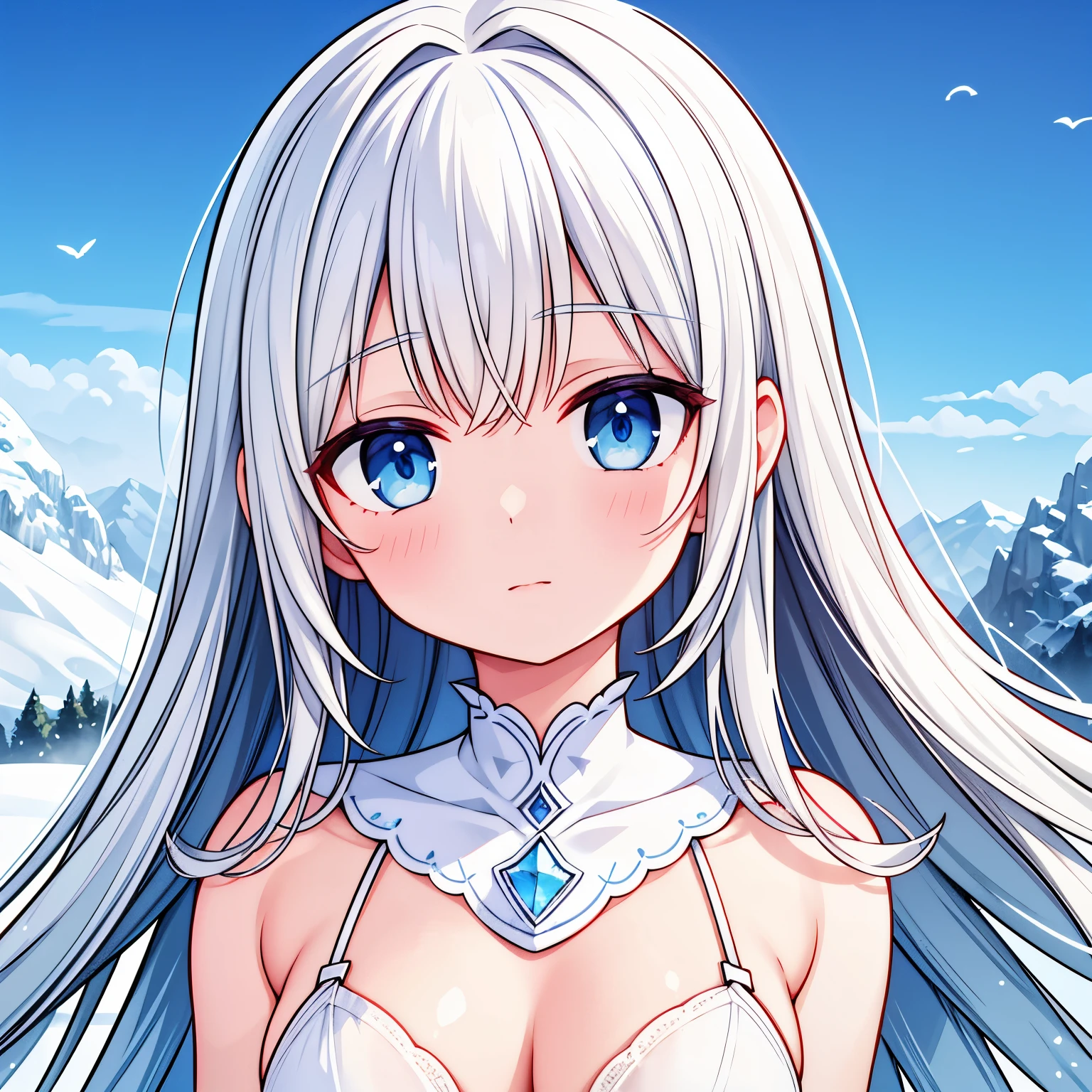 (best quality,realistic,highres),detailed white hair woman,white bikini,in the snow,beautiful landscape,blue skies,crystal-clear snow,soft morning light,serene atmosphere,fresh footprints,peaceful scenery,winter wonderland,ethereal beauty,subtle color palette,sublime contrast,natural elegance,impressive composition,immaculate details,masterful brushwork,transcendent artistry,lifelike rendering,striking realism,majestic mountains,pristine nature,harmony between figure and environment,luminous skin,expressive eyes,graceful pose,cold breeze,icy touch,serenity and purity.