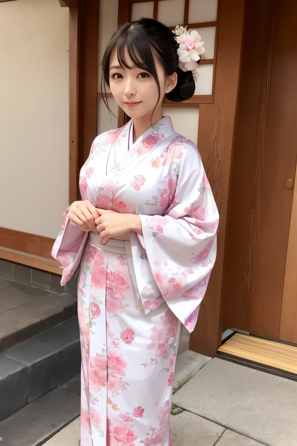 （super highest quality、In 8K、Masseter muscle part、delicate illustrations）、she is a very beautiful japanese housewife.（Around 30 years old）、Odango hairstyle（with hair ornament）、perfect body shape、（Japanese luxury kimono 1.1）、Outside the shrine of Japan、