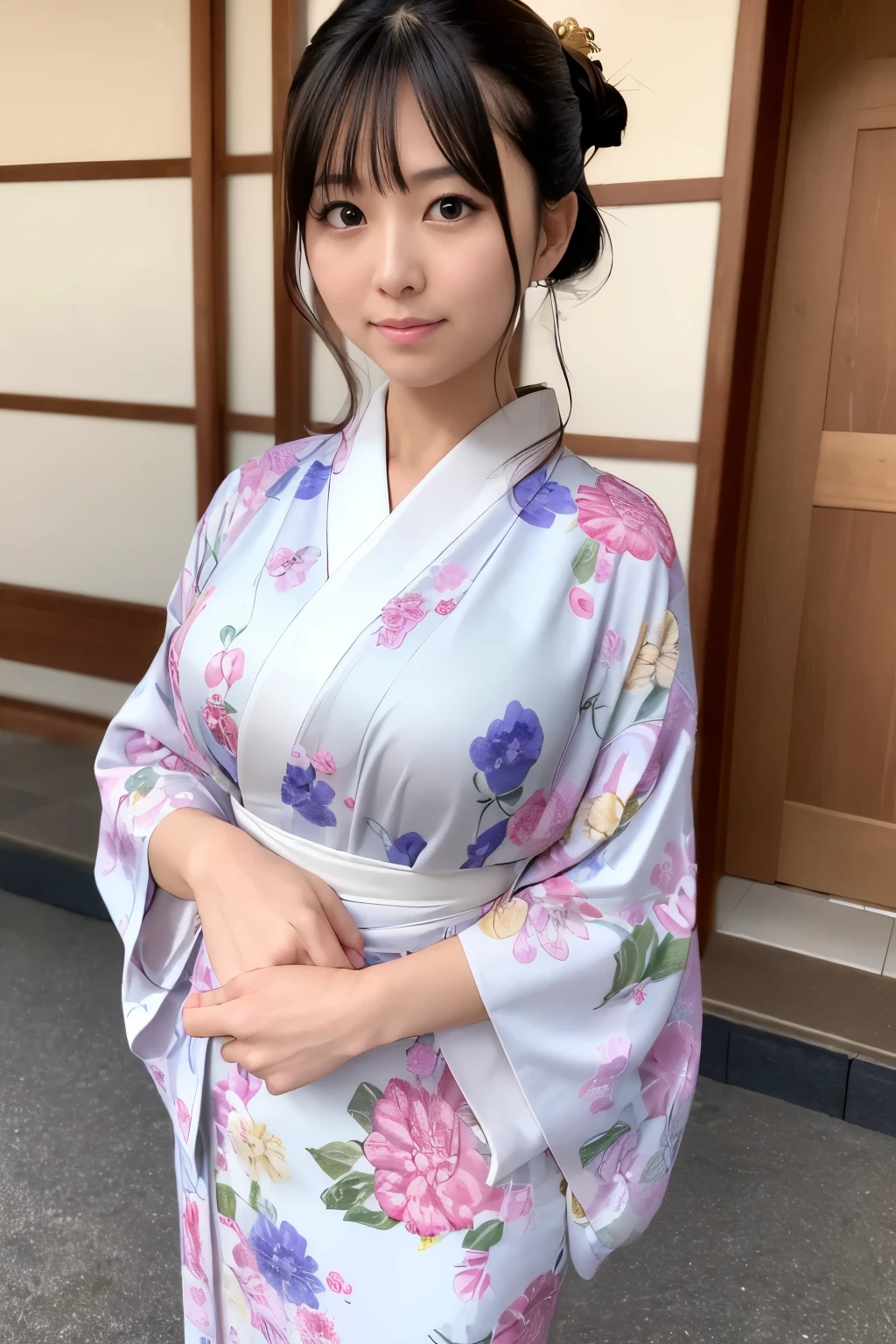 （super highest quality、In 8K、Masseter muscle part、delicate illustrations）、she is a very beautiful japanese housewife.（Around 30 years old）、Odango hairstyle（with hair ornament）、perfect body shape、（Japanese luxury kimono 1.1）、Outside the shrine of Japan、